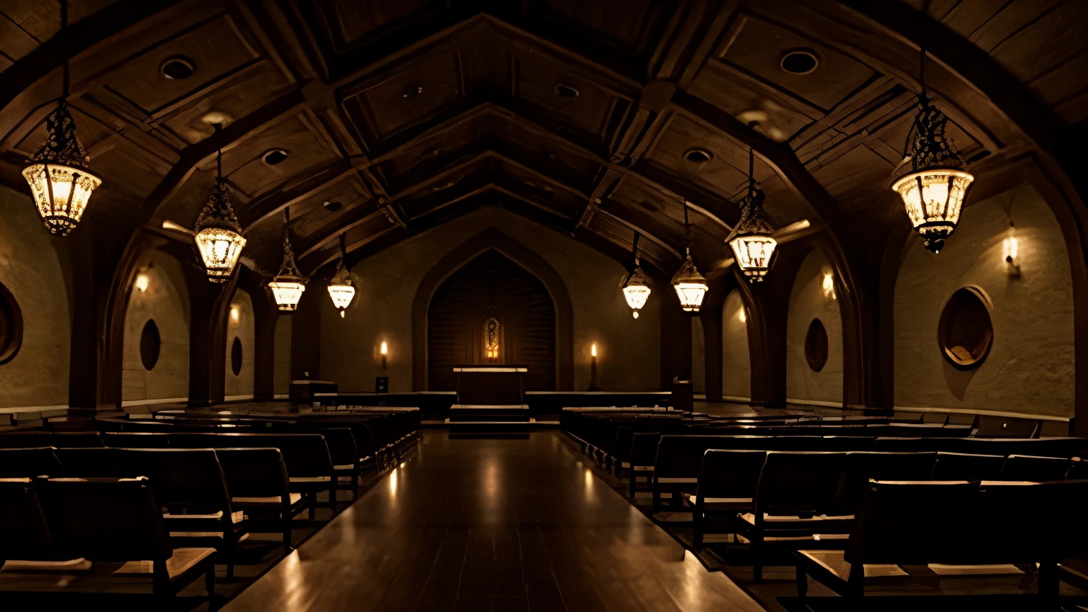 Secret society underground hideout fantasy, auditory hall, elven architecture, weird lights, torches