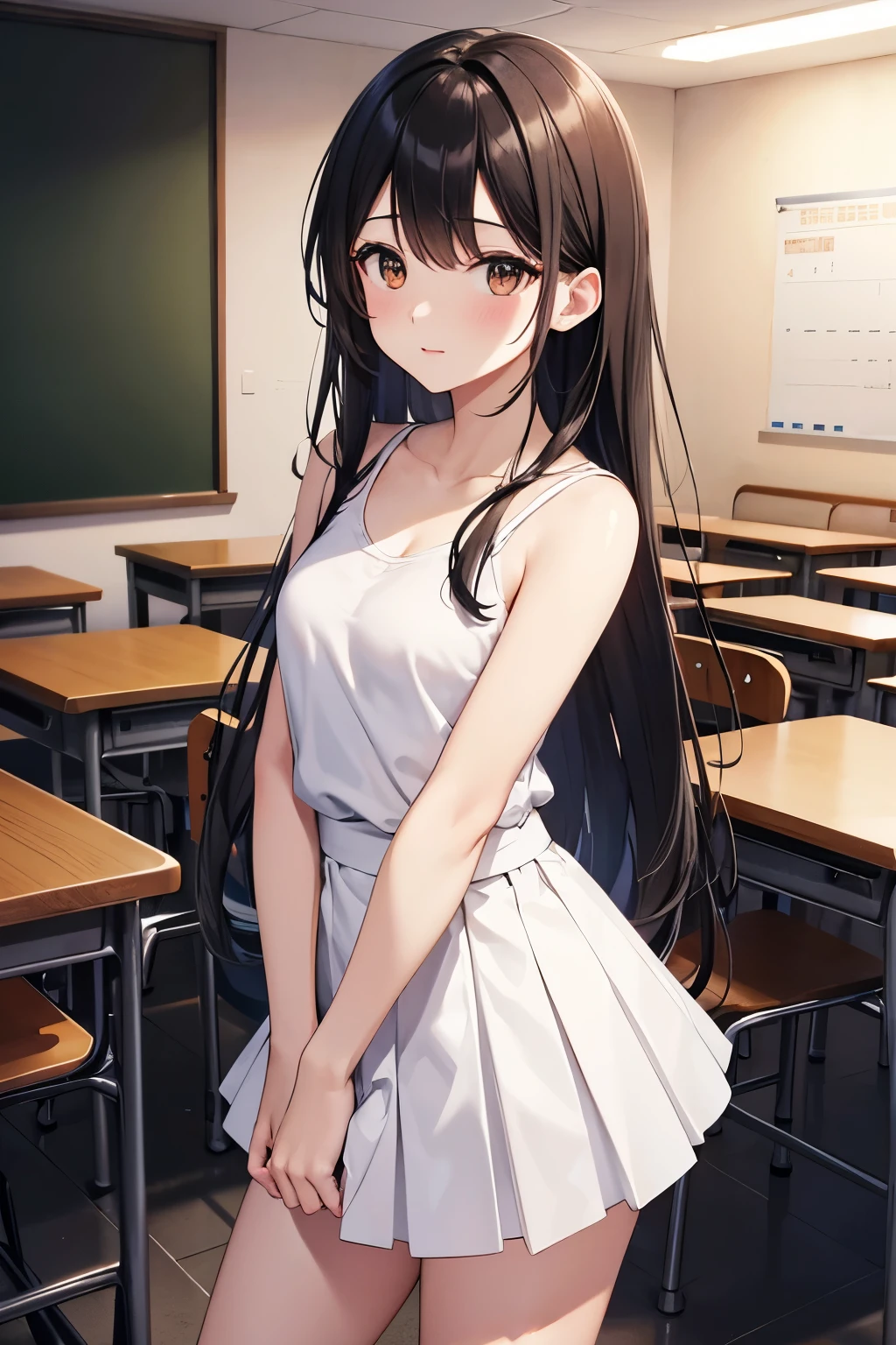 best quality, Japanese、brown eyes、Slender、tall、8k、girl, highres,black hair、long hair、classroom、(white camisole)、(black skirt)、standing position、facing left