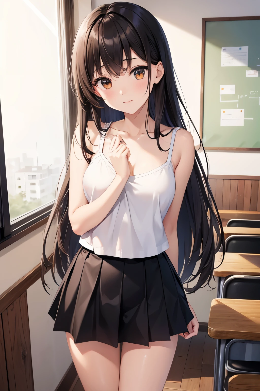 best quality, Japanese、brown eyes、Slender、tall、8k、girl, highres,black hair、long hair、classroom、(white camisole)、(black skirt)、standing position、facing left