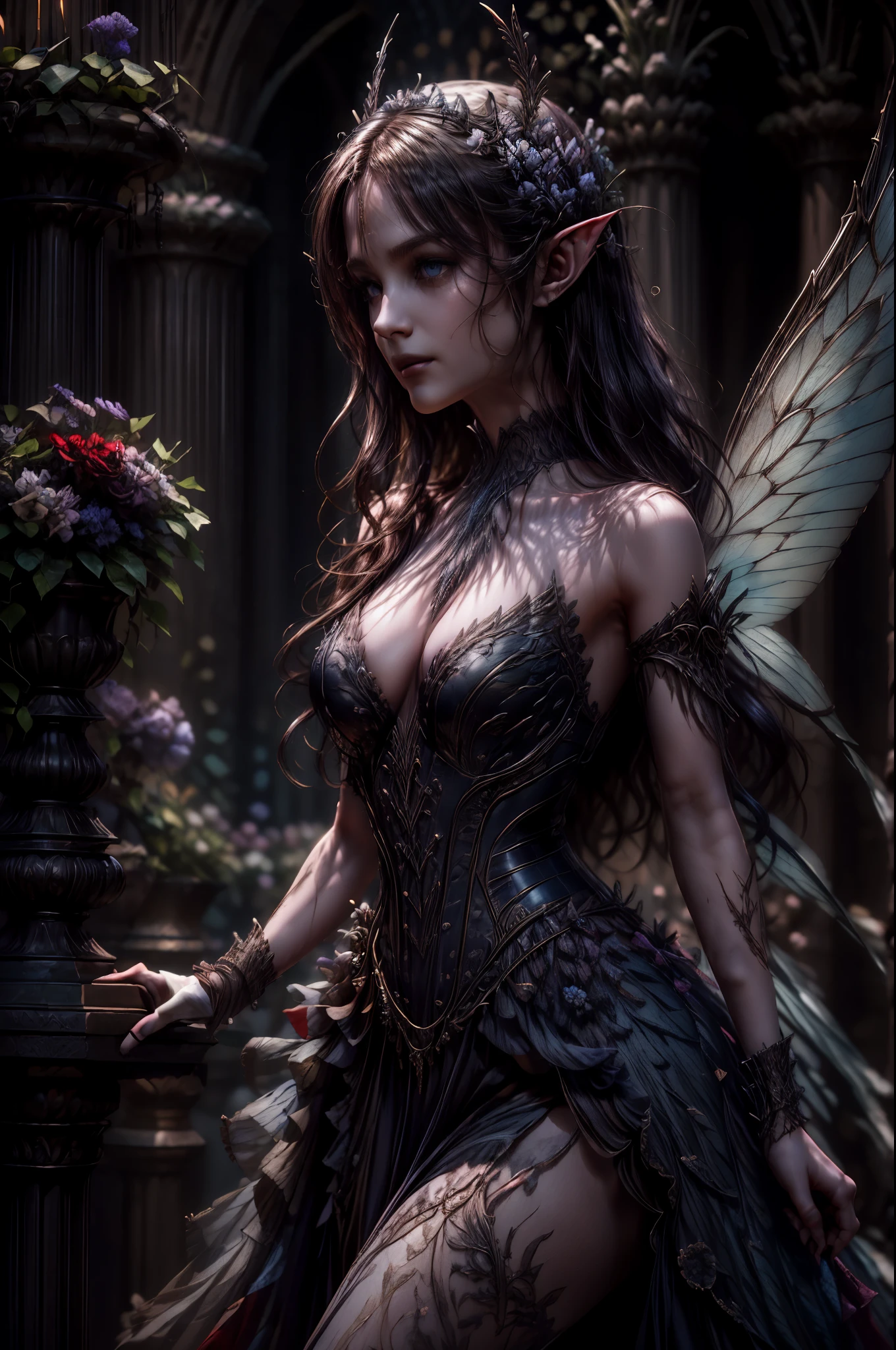 high details, best quality, 16k, RAW, [best detailed], masterpiece, best quality, (extremely detailed), full body, ultra wide shot, photorealistic, dark fantasy art, goth art, RPG art, D&D art, a picture of a dark female fairy in a goth church extremely beautiful fairy, ultra feminine (intense details, Masterpiece, best quality), best detailed face (intense details, Masterpiece, best quality), having wide butterfly wings, spread butterfly wings (intense details, Masterpiece, best quality), dark colors wings (intense details, Masterpiece, best quality), black hair, long hair, shinning hair, flowing hair, dark smile, wicked smile, blue eyes, dark red lips, wearing [red] dress latex corset (intense details, Masterpiece, best quality), dynamic elegant dress bondage gear, chocker, wearing high heels, in flower shop (intense details, Masterpiece, best quality), [extreme many flowers] (intense details, Masterpiece, best quality), dark colorful flowers (intense details, Masterpiece, best quality), flower shop in a dark goth era street background, dim light, cinematic light, gaslight lamp light, High Detail, Ultra High Quality, High Resolution, 16K Resolution, Ultra HD Pictures, 3D rendering Ultra Realistic, Clear Details, Realistic Detail, Ultra High Definition