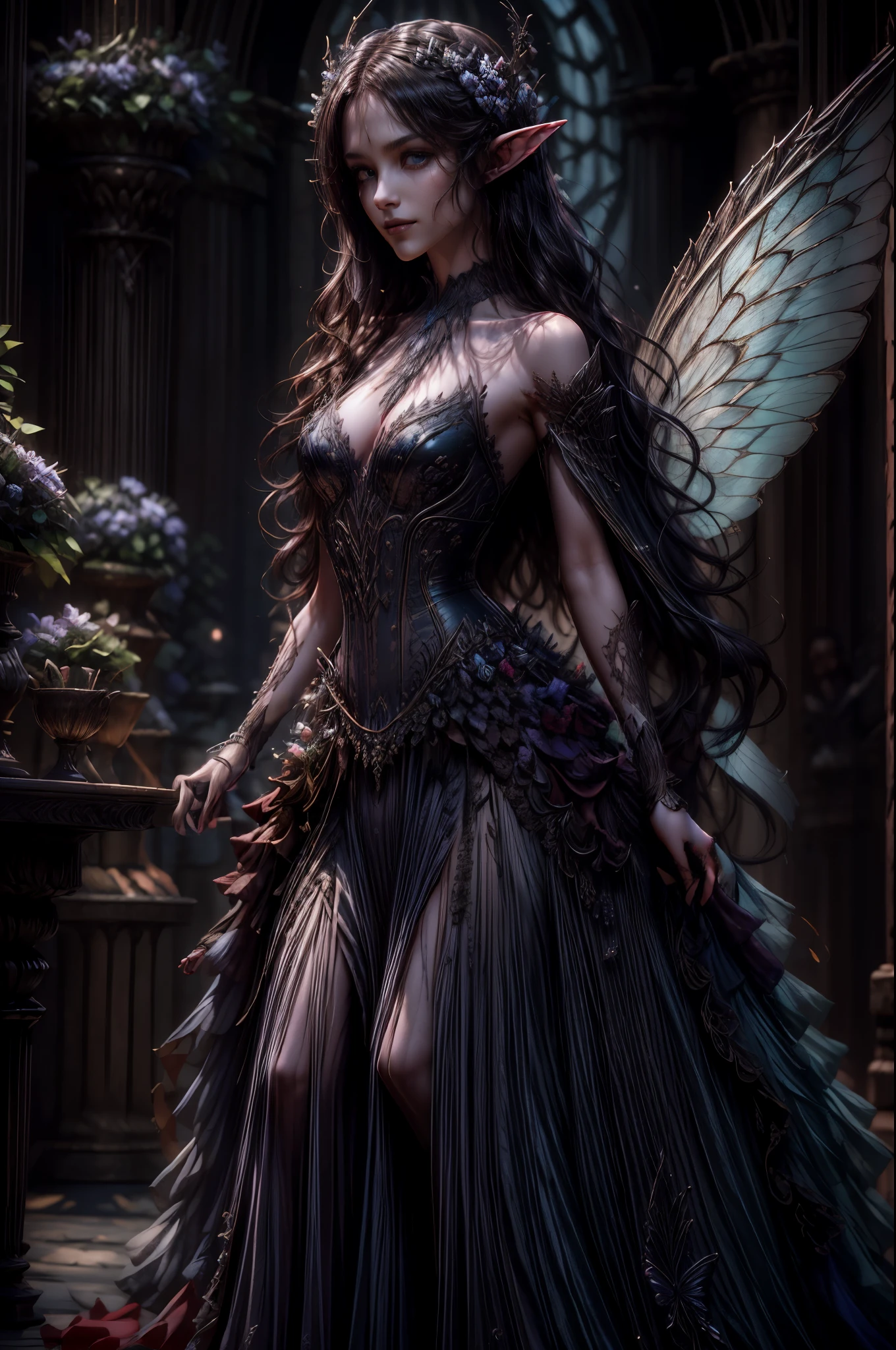 high details, best quality, 16k, RAW, [best detailed], masterpiece, best quality, (extremely detailed), full body, ultra wide shot, photorealistic, dark fantasy art, goth art, RPG art, D&D art, a picture of a dark female fairy in a goth church extremely beautiful fairy, ultra feminine (intense details, Masterpiece, best quality), best detailed face (intense details, Masterpiece, best quality), having wide butterfly wings, spread butterfly wings (intense details, Masterpiece, best quality), dark colors wings (intense details, Masterpiece, best quality), black hair, long hair, shinning hair, flowing hair, dark smile, wicked smile, blue eyes, dark red lips, wearing [red] dress latex corset (intense details, Masterpiece, best quality), dynamic elegant dress bondage gear, chocker, wearing high heels, in flower shop (intense details, Masterpiece, best quality), [extreme many flowers] (intense details, Masterpiece, best quality), dark colorful flowers (intense details, Masterpiece, best quality), flower shop in a dark goth era street background, dim light, cinematic light, gaslight lamp light, High Detail, Ultra High Quality, High Resolution, 16K Resolution, Ultra HD Pictures, 3D rendering Ultra Realistic, Clear Details, Realistic Detail, Ultra High Definition