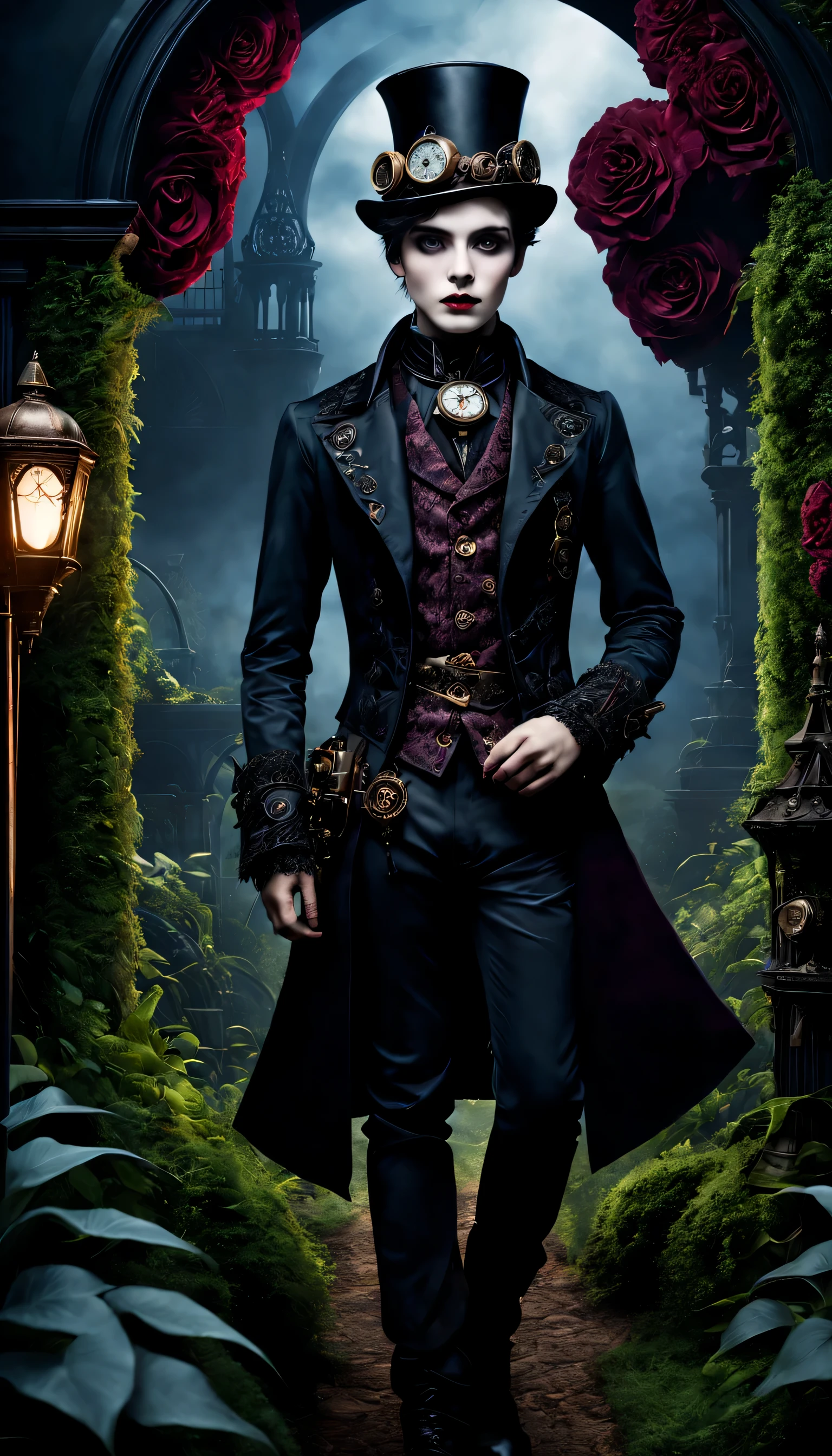 (gothic aesthetic,D&#39;inspiration victorienne,steampunk,Sombre,Romantique,haunted,) In a Sombre, Mysterious setting, a boy with a D&#39;inspiration victorienne outfit stands in a gothic garden. He has beautifully detailed eyes, avec de longs cils qui attirent l&#39;attention. Her lips are also detailed, adding to its alluring presence. The boy&#39;s face is extremely detailed, avec des traits délicats qui mettent en valeur son élégance. Il dégage un sentiment de mystère et de romance. Le jardin est rempli de verdure, overgrown vegetation, creating a haunted atmosphere. Plants are intertwined with mechanical elements, donner au jardin une touche Steampunk. Le ciel au-dessus est profond, Sombre blue, complete l&#39;ambiance gothique. L&#39;work of&#39;art is of the highest quality, avec des détails complexes visibles même à la plus haute résolution, comme 4K ou 8K. Every element is captured with ultra-detailed precision, creating a realistic, photorealistic feel. L&#39;lighting reminds us&#39;lighting&#39;un studio, avec des ombres dramatiques qui renforcent l&#39;mysterious atmosphere of the scene. Les couleurs utilisées dans l&#39;work are vivid, with a color palette that leans towards Sombre and moody tones. Nuances de rouge profond, violet, et le noir domine l&#39;image, adding to the gothic aesthetic. The overall color scheme contributes to the haunted and Romantique atmosphere. In this scene of&#39;inspiration gothique, la combinaison d&#39;victorian elements, influences steampunk, and Sombre aesthetics creates a captivating visual experience. Il transporte le spectateur dans un monde où la technologie se confond avec l&#39;élégance et le mystère de l&#39;Victorian., alimenter l&#39;imagination avec des possibilités infinies.