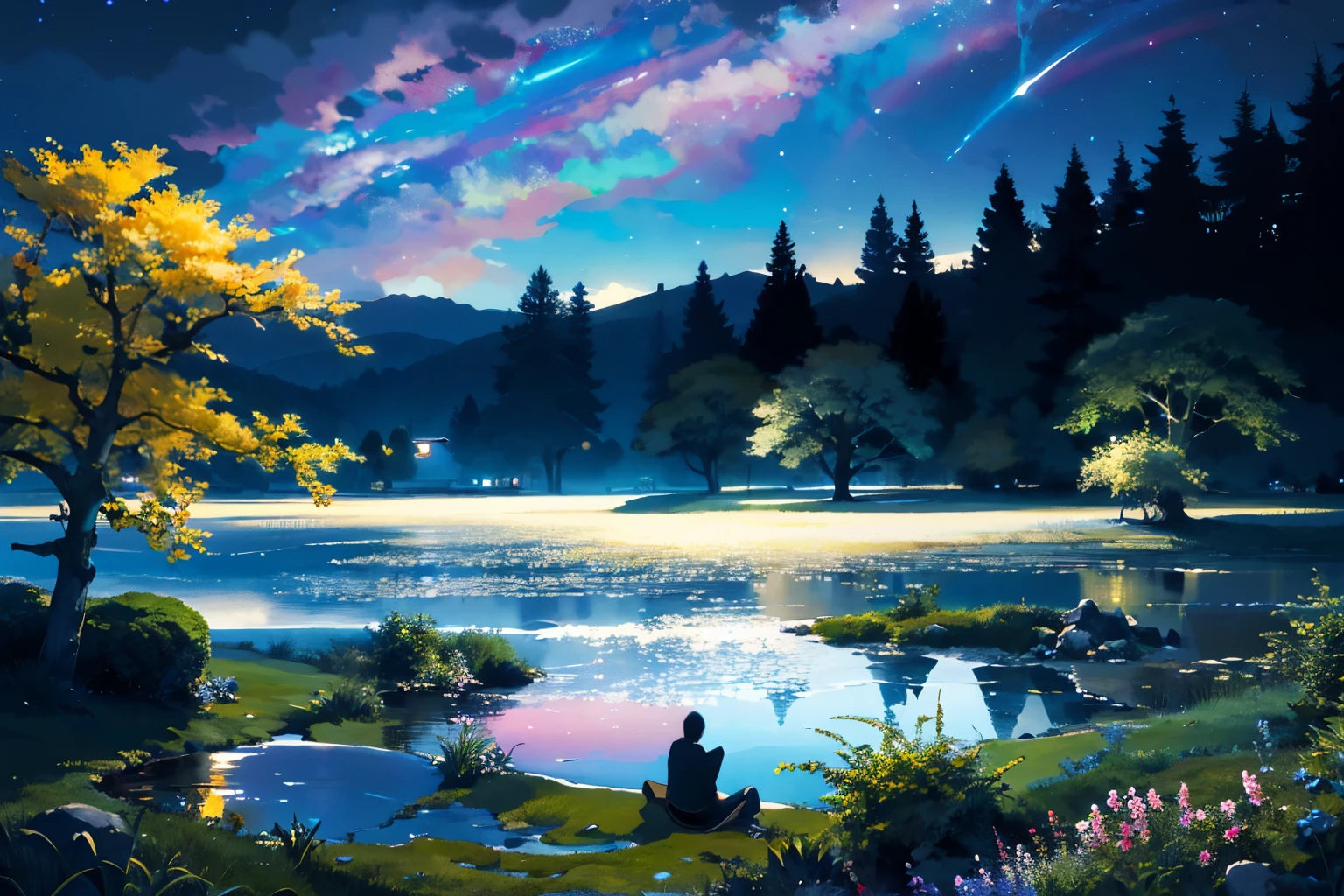 absurdres, highres, ultra detailed, couple sitting under a flowering tree beside a pond,dreamy night sky, masterpiece, visually attractive, 8k,expansive landscape, the landscape occupies two third of the photo