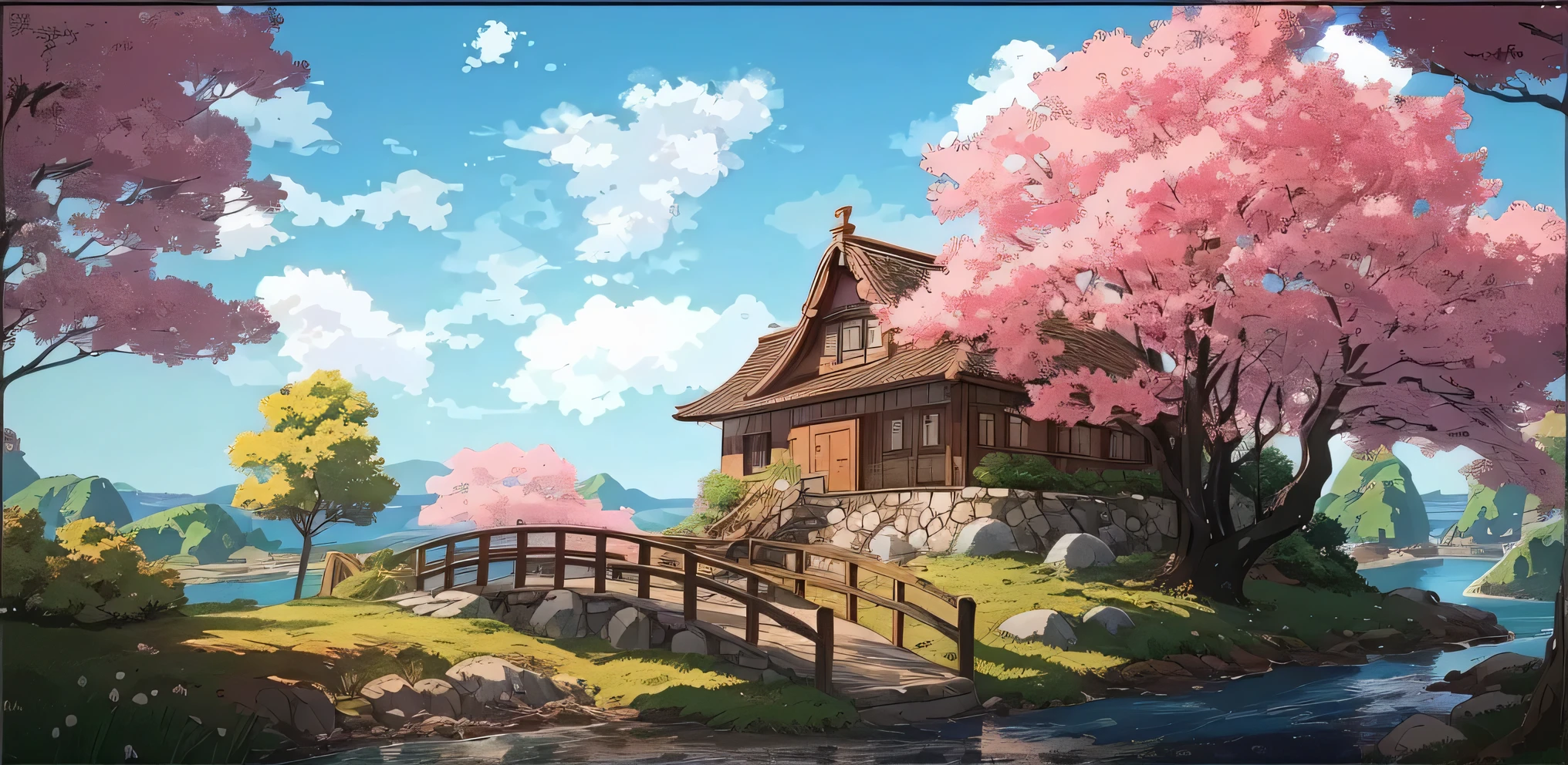 There is a small house on the island,there is a bridge, anime background art, Animation pastoral scenery, beautiful anime scenery, anime scenery, anime background, anime scenery wallpaper, anime scenery, anime scenery concept art, bella peace dinner anime, Anime Art Wallpaper 8k, Anime nature wallpaper, Beautiful anime dinner, Anime Art Wallpaper 4k, Anime Art Wallpaper 4k