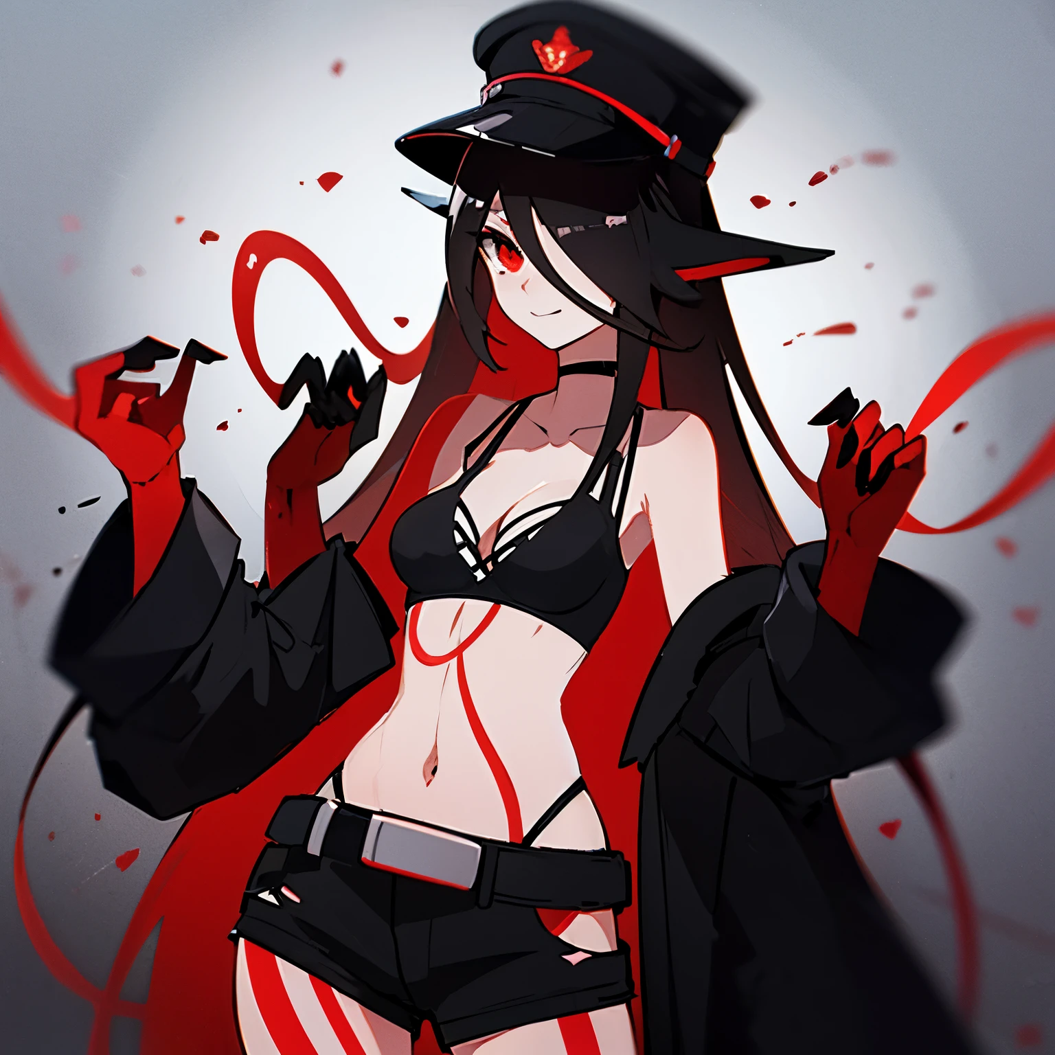 Devil, black hair, red eyes, long hair, red mesh, blindfold, long bangs, left eye hidden, one eye hidden, long hair down to the waist, slender girl, black bra, small breasts, slime-like hair tips, black tears, slime-like hands, black hands, black and red-based clothing, belly button exposed Garter belt, shorts, black bra, small breasts, countless black wings, returned blood, red glowing magic circle, evil eyes, black military cap, black jacket with red inside, devil's horns, countless knives surrounding the girl, suspicious smile, black whites of the eyes