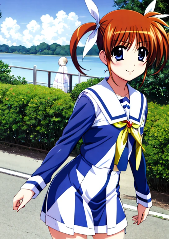 super detailed, High resolution, 8Ｋimage、Nanoha,(realistic, realistic: 1.4),1 girl、The hands are a cute peace sign、solo、nano hatakamachi、brown haired、blue eyes、twin tails、sailor suit, white uniform、Magic 、closed your mouth、serious face,The absolute standard is the stomach、cowboy shot、look up、Smiling at my friend Fate-chan.