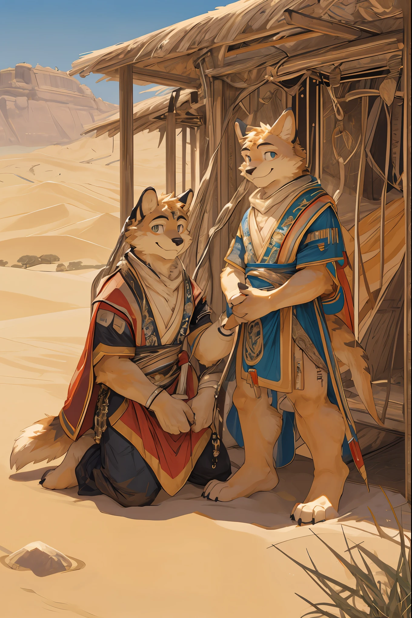 top quality, best quality, High-quality illustrations, masterpiece, super high resolution, detailed background, detailed background, desert, sand dunes, pyramid, Traditional costumes, group shot:0.2, 6+boys, 6+girls, Happy, joyful, absurdres(highly detailed beautiful face and eyes)perfect anatomy(kemono, furry anthro)selfie:0.1,