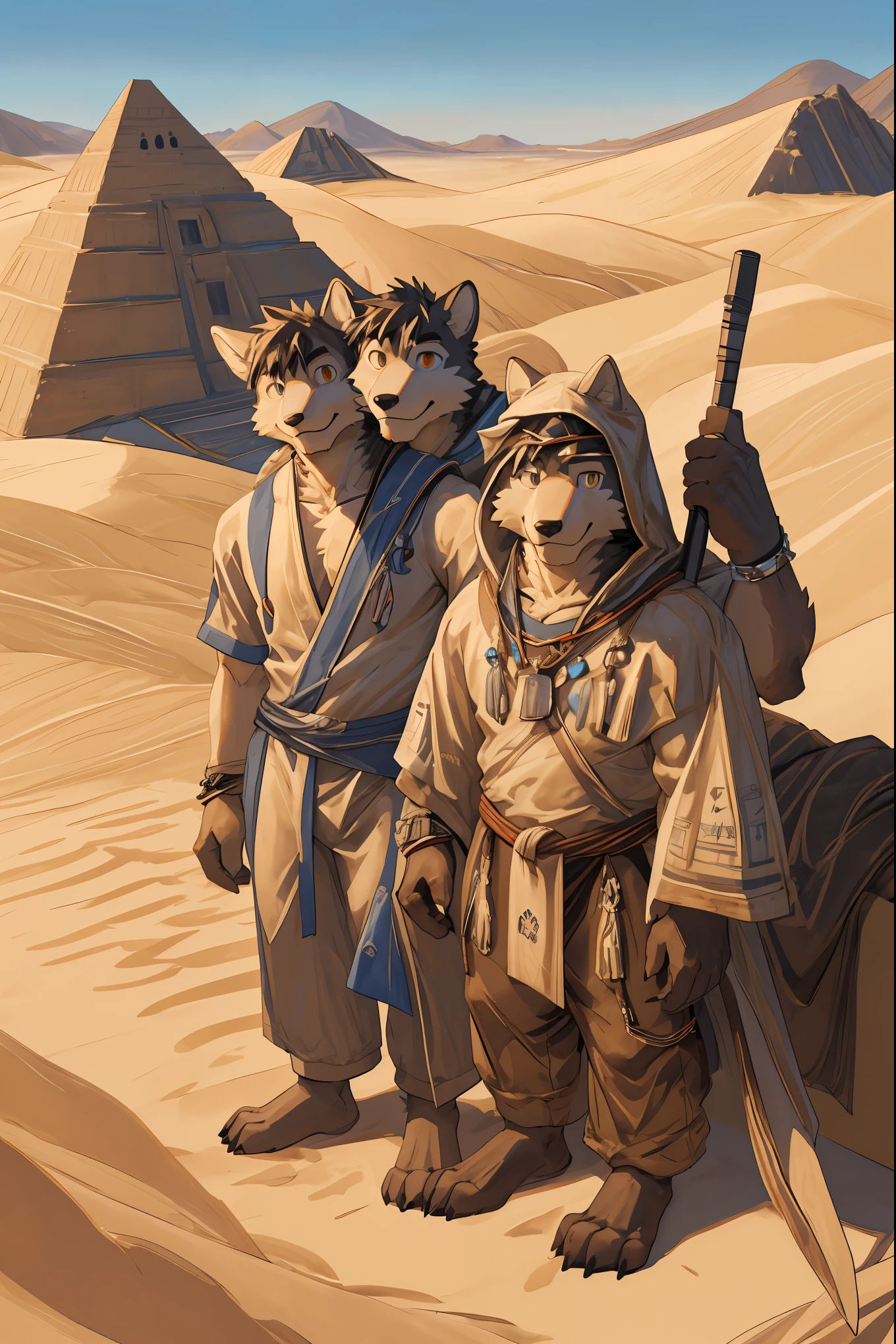 top quality, best quality, High-quality illustrations, masterpiece, super high resolution, detailed background, detailed background, desert, sand dunes, pyramid, Traditional costumes, group shot:0.2, 6+boys, 6+girls, Happy, joyful, absurdres(highly detailed beautiful face and eyes)perfect anatomy(kemono, furry anthro)selfie:0.1,