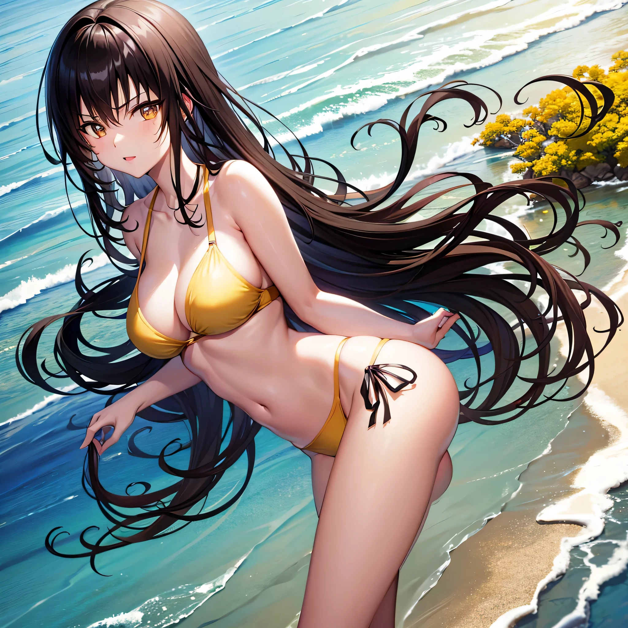 Yui Kotegawa, solo、Black hair, (Brown eyes:1.5), Long hair, BREAK looking at viewer, BREAK (masutepiece:1.2), Best Quality, High resolution, Unity 8k壁纸, (Illustration:0.8), (Beautiful detailed eyes:1.6), extra detailed face, Perfect Lighting, extremely details CG, (Perfect hands, Perfect Anatomy),Naughty big、large full breasts、(the beach)、(Yellow Bikini:1.3)