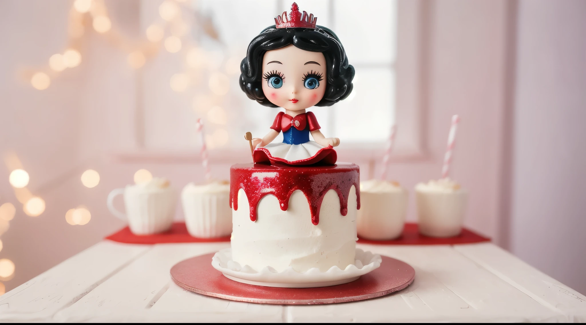 in the toy kitchenette, on a wooden table there is a white plate on which there is a tiny cake, cake skirt princess snow white, white cream cake base, red drips of jam with glitter and glitter flow down from above, shiny red jam dripping down the white cake base, There is a Snow White doll on top of the cake., there are tiny toy kitchen items on the table, beautiful fairytale photo, photograph of a confectionery product, pastry, super ultra realistic food photography, Realistic style, realistic textures, ultra 4k hd, macro photography of food