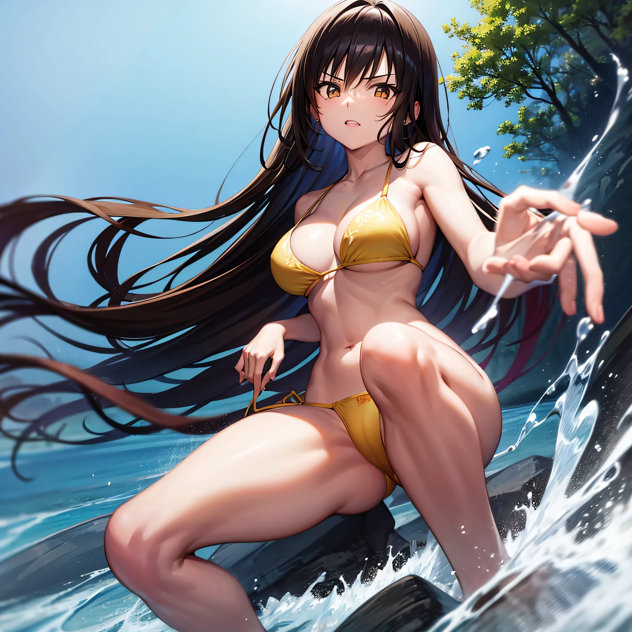 Yui Kotegawa, solo、Black hair, (Brown eyes:1.5), Long hair, BREAK looking at viewer, BREAK (masutepiece:1.2), Best Quality, High resolution, Unity 8k壁纸, (Illustration:0.8), (Beautiful detailed eyes:1.6), extra detailed face, Perfect Lighting, extremely details CG, (Perfect hands, Perfect Anatomy),Naughty big、large full breasts、(the beach)、(Yellow Bikini:1.3)