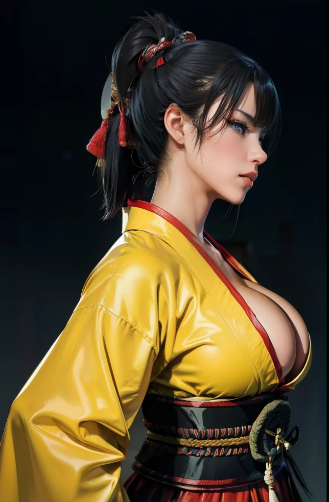 Masterpiece, Best quality,Samurai of Japan,1 female, Black hair with high ponytail, Bright eyes, heroic look, full body, Wear a Japanese katana, Japanese samurai costumes and ninja costumes are yellow, Black, yellow and red,splendid,Facial details, The face is delicate, large bust, deep cleavage, shoulderless, a view from the side