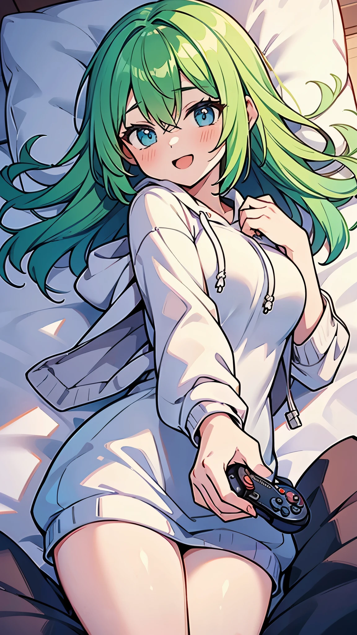 ((A Pretty girl with green hair and blue eyes lying on the bed)), ((wearing white hoodie)), ((with a game controller)), , ((master piece, top-quality, ultra-definition, high resolution)), anime girl, ((ultra-detailed illust:1.2)), only one person, bangs, hair between eye, beautiful hair, Beautiful eyes, Medium breasts, thighs, Big smile, opened mouth, in the bedroom