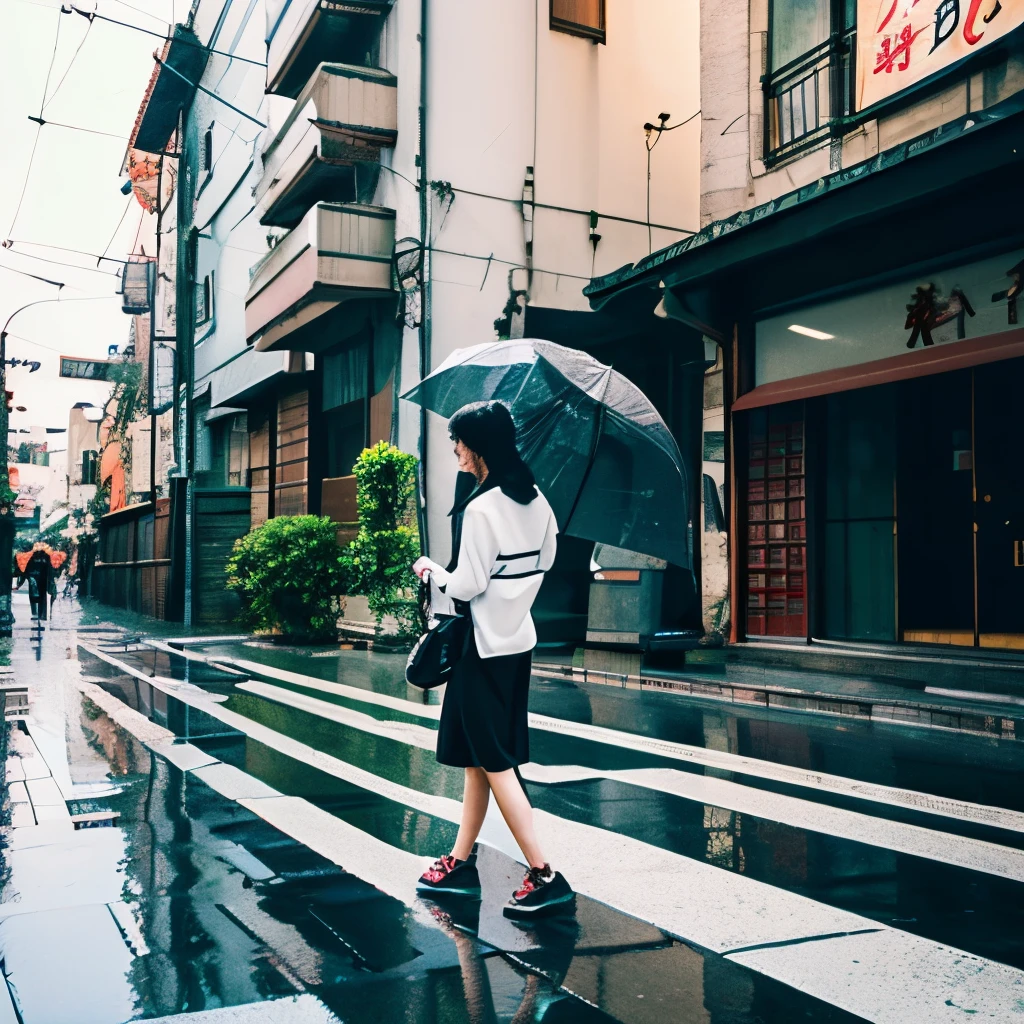 create an image of a beautiful slender Japanese woman in her 20s, standing in a townscape that seems to be a fusion of nostalgic and futuristic, wearing light clothes, wet from the rain, whole body, perspective from below, other people walking around, buildings with oriental style and modern signage. The roofs are often flat. It is raining. The asphalt ground reflects the rain. Anime illustration style.