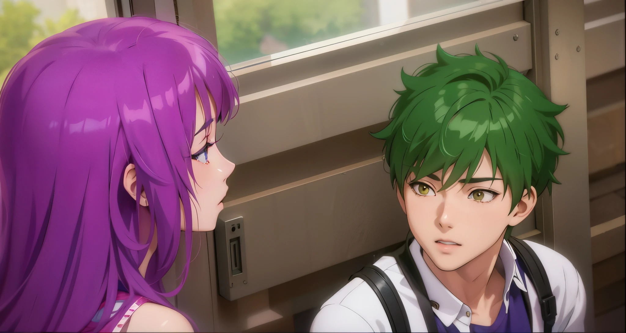 anime boy and girl looking at each other in front of a window, estilo anime realista 3d, estilo animadod 3d, estilo de realismo anime, estilo animado. 8K, realistic anime art style, anime 3d realista, realistic art style, anime fotorrealista, arte cg anime suave, obra de arte al estilo de guweiz, escena realista, anime estilizado