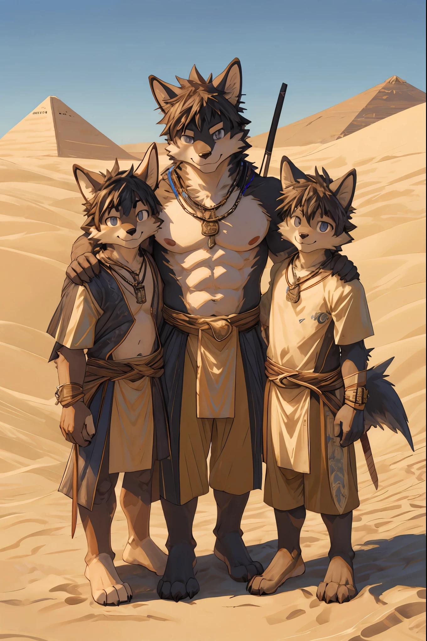 top quality, best quality, High-quality illustrations, masterpiece, super high resolution, detailed background, detailed background, desert, sand dunes, pyramid, Traditional costumes, group shot:0.2, 6+boys, 6+girls, Happy, joyful, absurdres(highly detailed beautiful face and eyes)perfect anatomy(kemono, furry anthro)selfie:0.1,