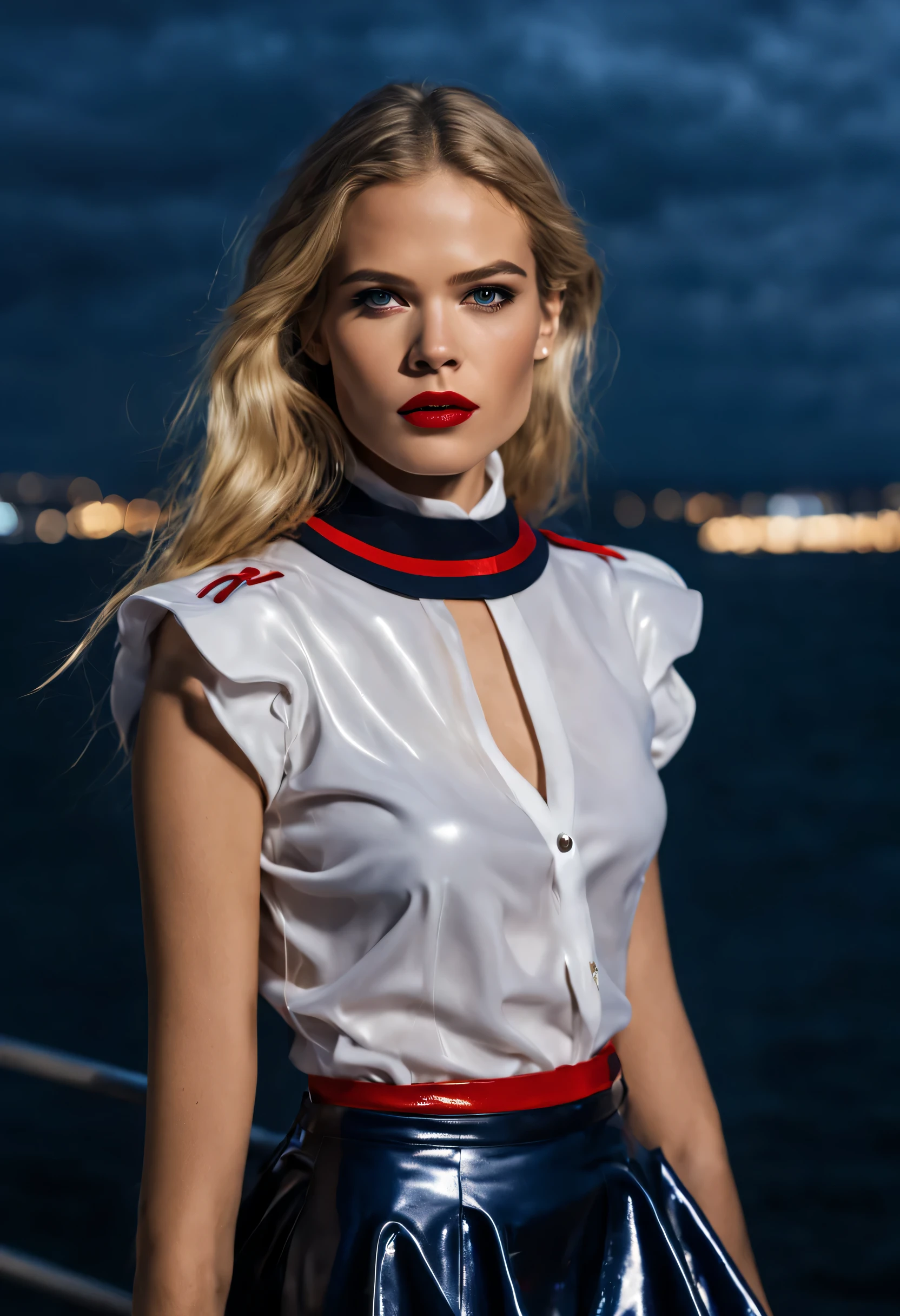 photo 8k, angle dynamique, portrait de l'actrice Gabriella Wilde, sailor top for women, mini-jupe en vinyle brillant, lipstick, direct lighting, Paquebot, la nuit, storm