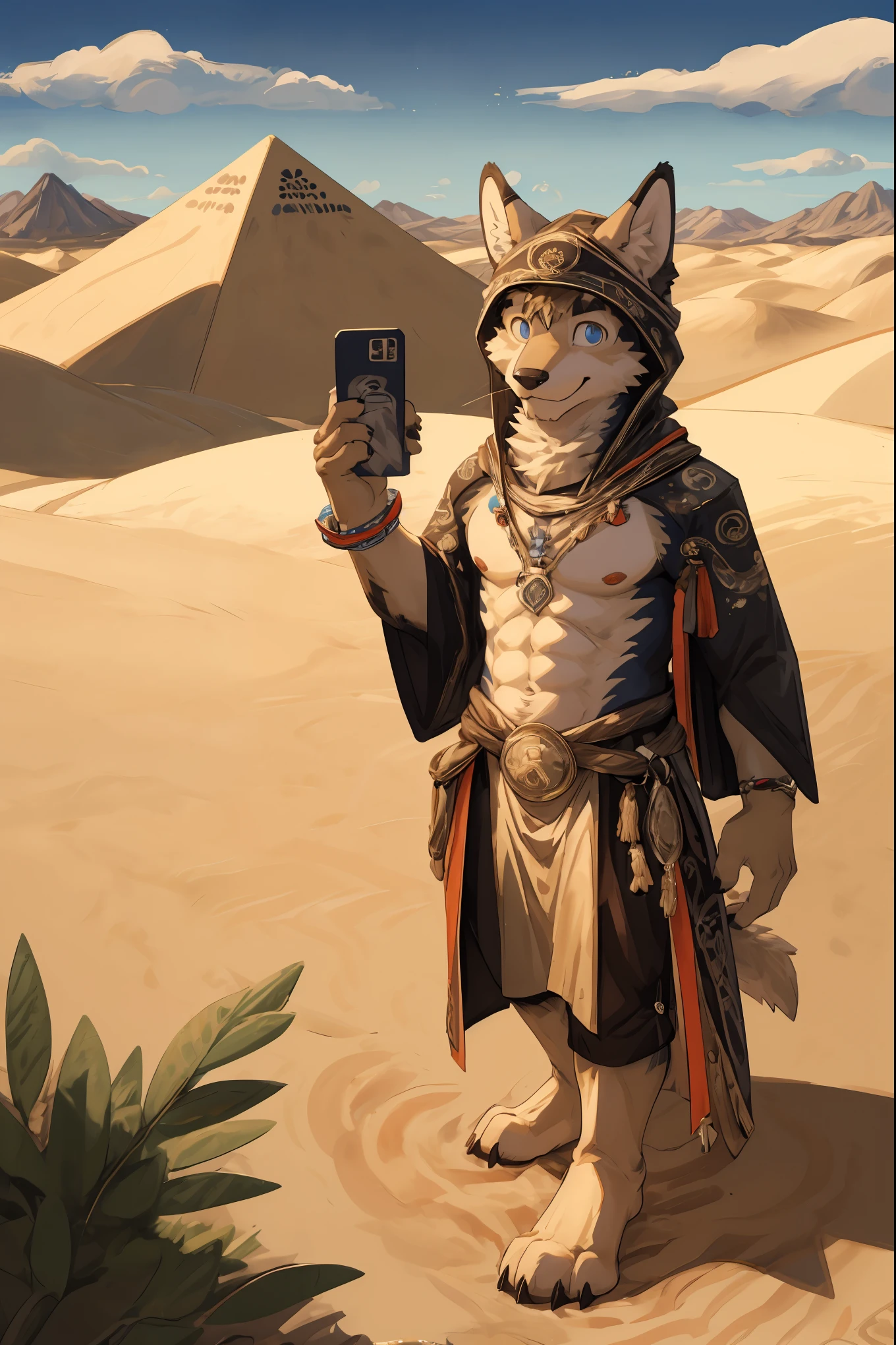 top quality, best quality, High-quality illustrations, masterpiece, super high resolution, detailed background, detailed background, desert, sand dunes, pyramid, Traditional costumes, group shot:0.2, 6+boys, 6+girls, Happy, joyful, absurdres(highly detailed beautiful face and eyes)perfect anatomy(kemono, furry anthro)selfie:0.1,