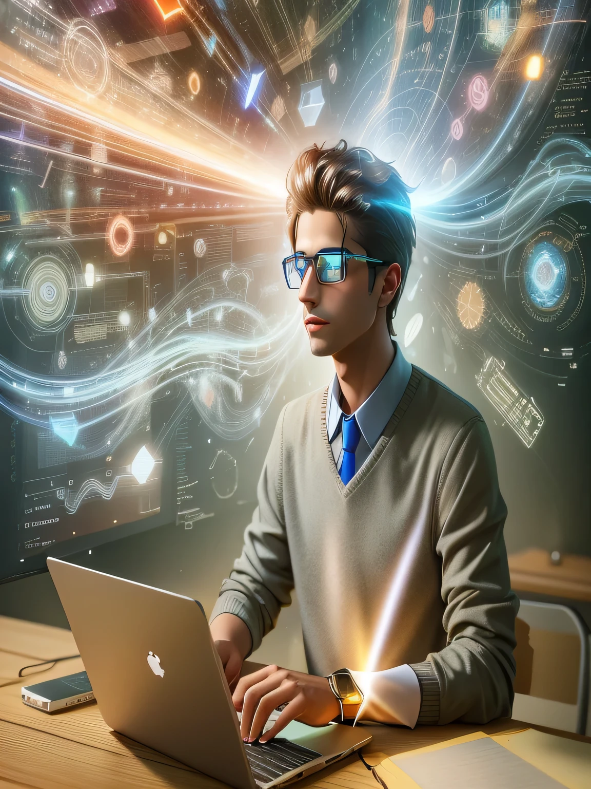 Alafid man in glasses using notebook with shiny hair, Future coders take a look, Computers and holograms, Using computers for creative coding, The image is futuristic, A side view of future programmers, Enhances vision, Technology and magic, Surreal cyberspace, computer vision, We go deep into the virtual universe, Internet style, Otherworldly technical text reading：Add brilliance to pen and ink，Creating the future—Research report on the impact of ChatGPT on college students’ creativity