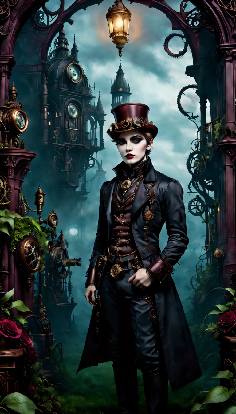 (gothic aesthetic,Victorian-inspired,steampunk,dark,romantic,haunting,) In a dark, mysterious setting, a boy with a Victorian-inspired outfit stands in a gothic garden. He has beautifully detailed eyes, with long eyelashes that draw attention. Her lips are also detailed, adding to her alluring presence. The bouy's face is extremely detailed, with delicate features that showcase her elegance. He exudes a sense of mystery and romance. The garden is filled with lush, overgrown vegetation, creating a haunting atmosphere. The plants are intertwined with mechanical elements, giving the garden a steampunk twist. The sky above is a deep, dark blue, complementing the gothic ambiance. The artwork is of the highest quality, with intricate details that can be seen even at the highest resolution, such as 4k or 8k. Every element is captured with ultra-detailed precision, creating a realistic and photorealistic feel. The lighting is reminiscent of studio lighting, with dramatic shadows that enhance the mysterious vibe of the scene. The colors used in the artwork are vivid, with a color palette that leans towards dark and moody tones. Shades of deep red, purple, and black dominate the image, adding to the gothic aesthetic. The overall color scheme contributes to the haunting and romantic atmosphere. In this gothic-inspired scene, the combination of Victorian elements, steampunk influences, and dark aesthetics creates a captivating visual experience. It transports the viewer to a world where technology merges with the elegance and mystery of the Victorian era, fueling the imagination with endless possibilities.