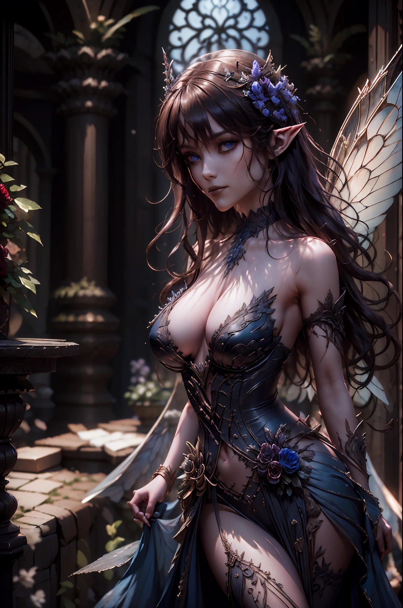 high details, best quality, 16k, RAW, [best detailed], masterpiece, best quality, (extremely detailed), full body, ultra wide shot, photorealistic, dark fantasy art, goth art, RPG art, D&D art, a picture of a dark female fairy in a goth church extremely beautiful fairy, ultra feminine (intense details, Masterpiece, best quality), best detailed face (intense details, Masterpiece, best quality), having wide butterfly wings, spread butterfly wings (intense details, Masterpiece, best quality), dark colors wings (intense details, Masterpiece, best quality), black hair, long hair, shinning hair, flowing hair, dark smile, wicked smile, blue eyes, dark red lips, wearing [red] dress latex corset (intense details, Masterpiece, best quality), dynamic elegant dress bondage gear, chocker, wearing high heels, in flower shop (intense details, Masterpiece, best quality), [extreme many flowers] (intense details, Masterpiece, best quality), dark colorful flowers (intense details, Masterpiece, best quality), flower shop in a dark goth era street background, dim light, cinematic light, gaslight lamp light, High Detail, Ultra High Quality, High Resolution, 16K Resolution, Ultra HD Pictures, 3D rendering Ultra Realistic, Clear Details, Realistic Detail, Ultra High Definition