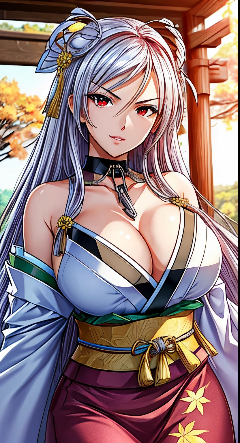 red eyes, (highest quality, masterpiece絵画:1.3), mature woman, 26 years old, (half body shot), masterpiece, ultra high resolution, (Photoreal:1.0), Bright silver hair、straight hair, beautiful shining hair, white and shining skin, ((Ultra realistic details)), octane rendering, highly detailed face, (big breasts:1.0),(Sexy and cute shrine maiden costume,Japanese clothing with contrast of red and white,delicate decoration:1.2), open neckline, cleavage, perfect body, soft skin, anime face, perfect face, perfect eyes, looking at the viewer, smart, Under autumn leaves tree background, shrine, Autumn leaves are falling, outdoors,sharp focus, intricate details, professional artwork, (bright colors:1.1), bright colors, diffused lighting, digital blending, ultra-definition body, ultra detail hair, super detailed face, that'It's trending on pixiv, top button open, Cute gaze, compensate, perfect lips, perfect compensate, Ultra-precision coating, Glaring a little