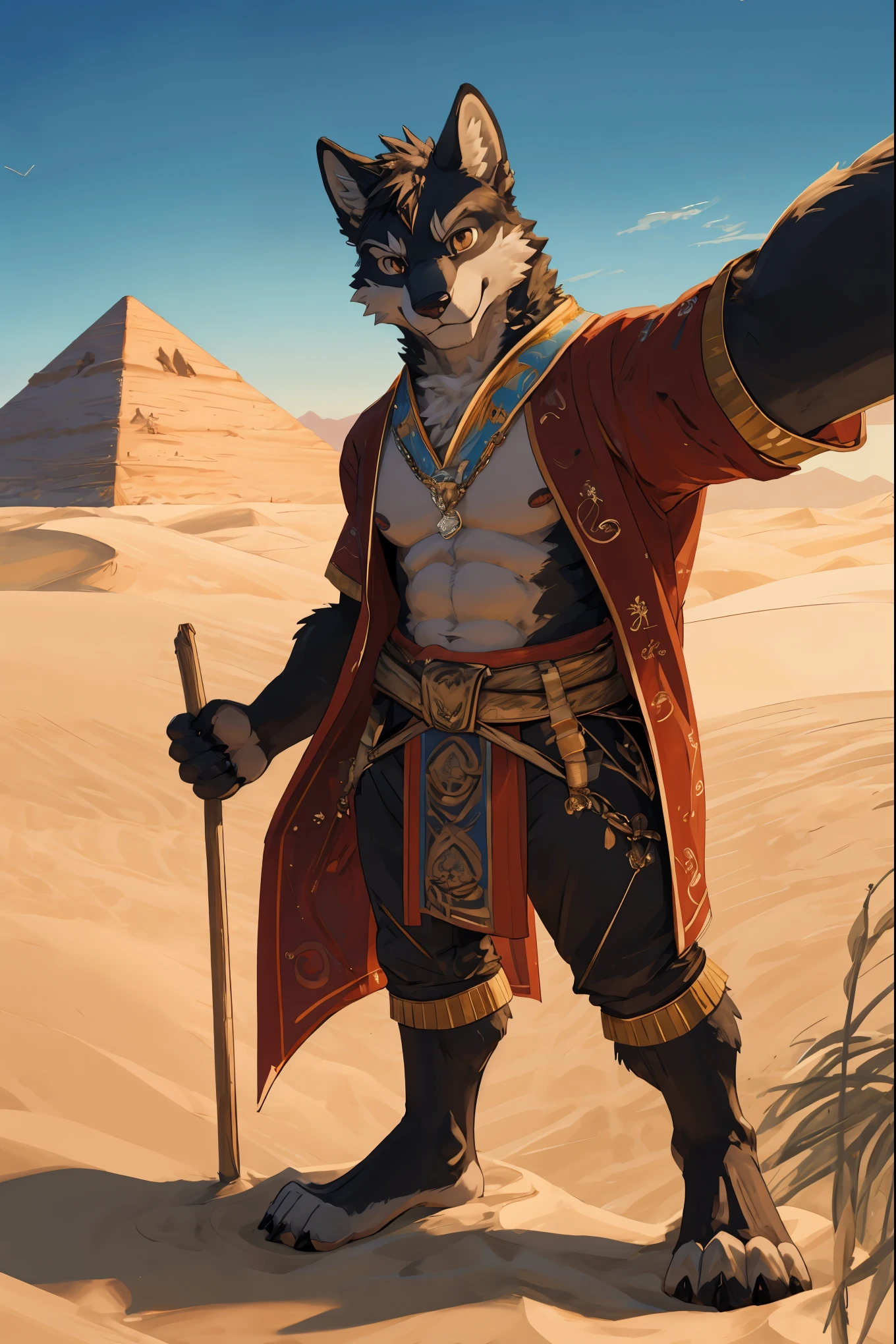 top quality, best quality, High-quality illustrations, masterpiece, super high resolution, detailed background, detailed background, desert, sand dunes, pyramid, Traditional costumes, group shot:0.2, 6+boys, 6+girls, Happy, joyful, absurdres(highly detailed beautiful face and eyes)perfect anatomy(kemono, furry anthro)selfie:0.1,