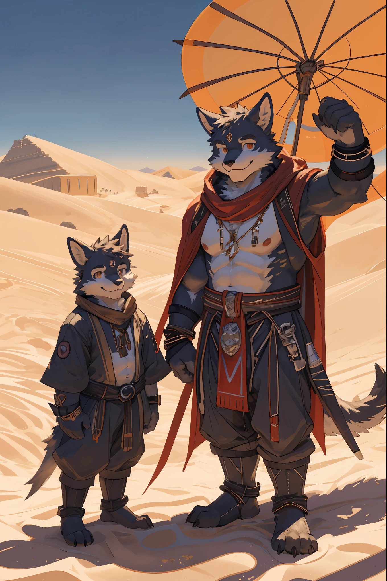 top quality, best quality, High-quality illustrations, masterpiece, super high resolution, detailed background, detailed background, desert, sand dunes, pyramid, Traditional costumes, group shot:0.2, 6+boys, 6+girls, Happy, joyful, absurdres(highly detailed beautiful face and eyes)perfect anatomy(kemono, furry anthro)selfie:0.1,