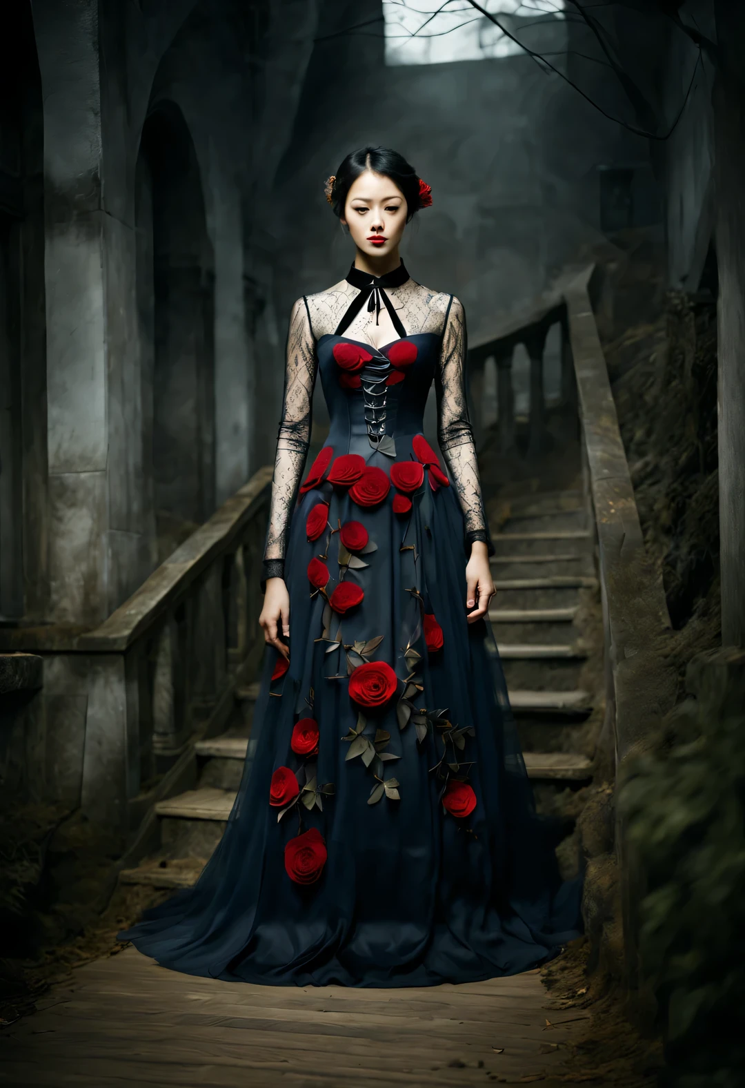 Use the Glow Photography Style，beautiful details，in the style of christian schlow, Gothic art gorgeous dress，（international fashion week fashion show performance），beautiful model，，Dream，Black色的装扮、dark色的口红和苍白的面容等，Western European classical style，devil、unpopular religion、this、Punk collar，reveal without revealing，curve，纵向thin and long，Gorgeous，Black色丝绒，fit and tight，Acute triangle，straight line，streamline，Black，red navy，dark，lace，net，PVC,eraser，leather，lace，badge，roses，thin and long，华丽curve，Religious elements。reveal without revealing，sharp corner shape， background：Methisval castle style design of indoor catwalk