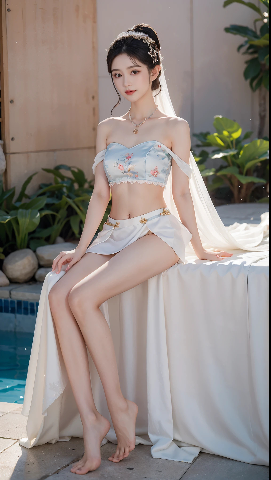 best picture quality,extremely high resolution,Extremely detailed,stunning girl,sitting in the pool,long eyelashes,big eyes,shining eyes,lying silkworm,Pouty hydrating lips,small nose,happy smile,sweet,Exquisite makeup,full-body shot,snow white skin,Slim figure,Off the shoulders,clavicle,bellyband,belly,belly button,Slender white legs,White and tender skin,White embroidered miniskirt,necklace,Showing thighs,lace,sweet,long hair fluttering,Highest quality,masterpiece,full body shot,facial focus,Slim figure,细腰白色bellyband,Vision,full body shot
Model: Hanfu, CFG scale: 7, Hires upscale: 1.5, LoRA: future fashion(0.4)、neon(0.4)、martial arts(0.8)、Asian face girl-2(0.4)、poetic fairy tale(0.01)