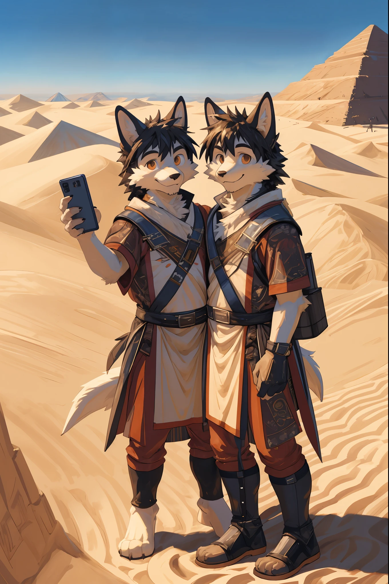 top quality, best quality, High-quality illustrations, masterpiece, super high resolution, detailed background, detailed background, desert, sand dunes, pyramid, Traditional costumes, group shot:0.2, 6+boys, 6+girls, Happy, joyful, absurdres(highly detailed beautiful face and eyes)perfect anatomy(kemono, furry anthro)selfie:0.1,