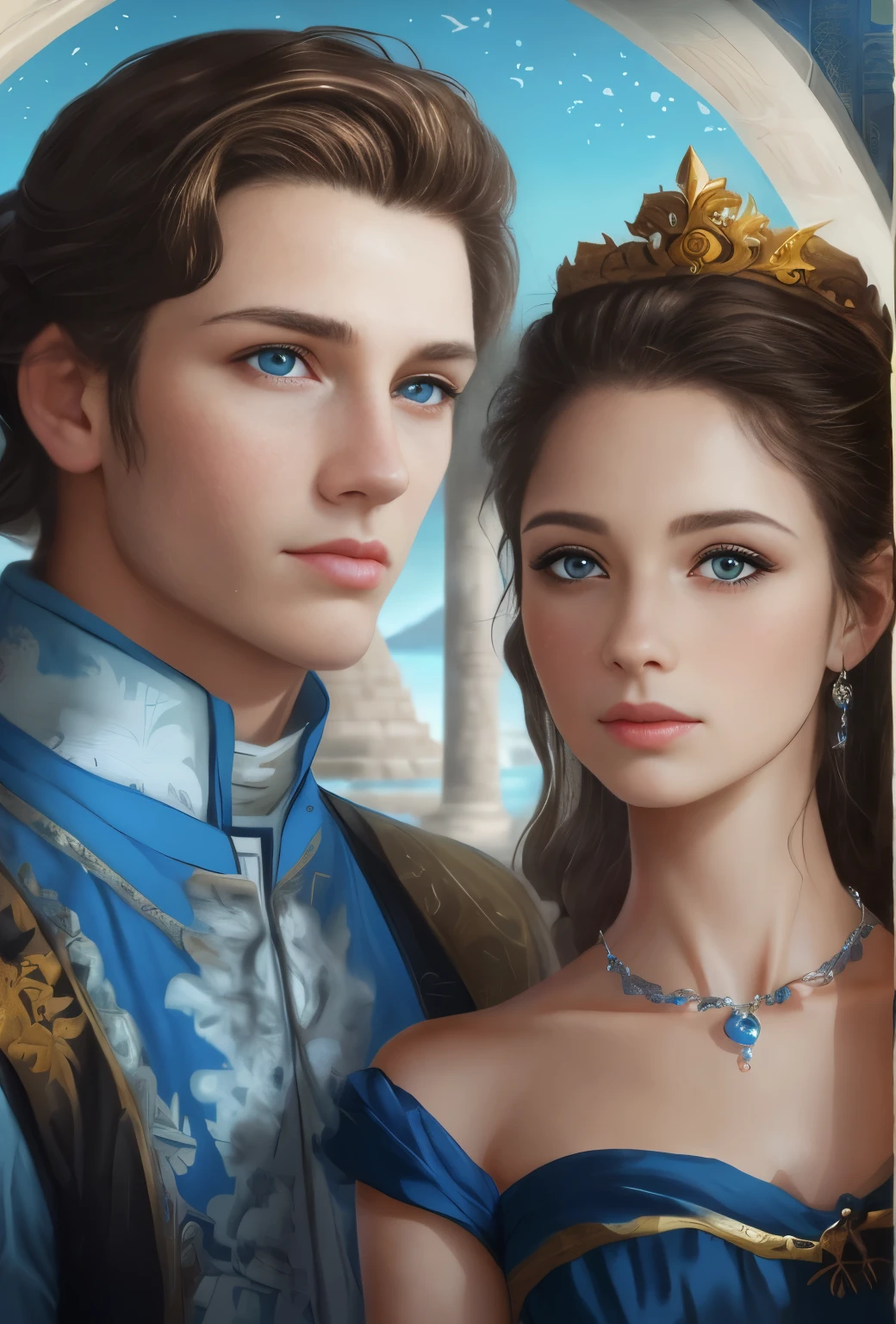 High resolution, brunette girl, 15 years old, bright blue eyes, pattern of stones on her face along the forehead to the temples, Brunette, temples slightly shaved, long black hair pulled back in a ponytail, temples slightly shaved, dressed in a silk shirt and loose trousers, bright blue eyes, portrait, the sea in the background, seagulls, realism, fantasy