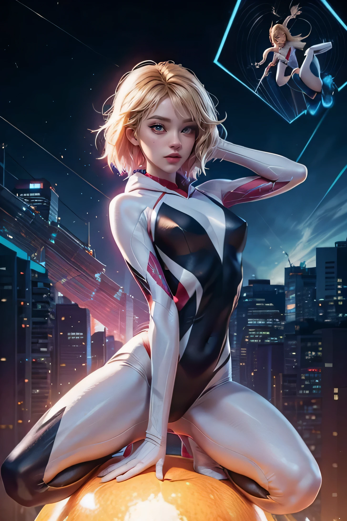 Click here for tips for stable spreads:: spider gwen,shape,sexy pose,High resolution,muscular body,grapefruit sized breasts,完璧なshapeのお尻,bright colors,An expression that exudes confidence and charm,dynamic lighting,anime style,shining eyes,attractive hips,thin waist,spread your legs,torn costume,open chest,