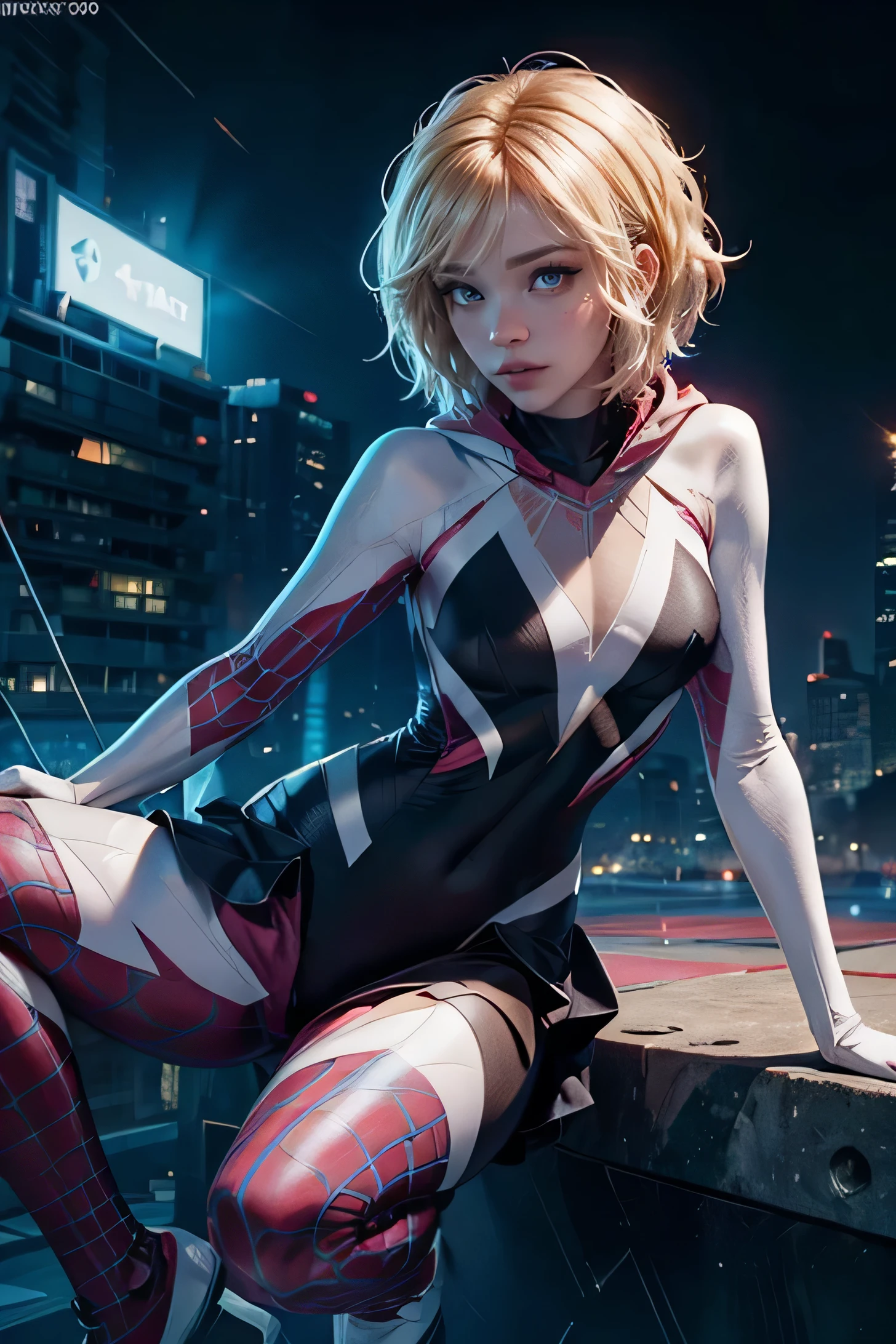 Click here for tips for stable spreads:: spider gwen,shape,sexy pose,High resolution,muscular body,grapefruit sized breasts,完璧なshapeのお尻,bright colors,An expression that exudes confidence and charm,dynamic lighting,anime style,shining eyes,attractive hips,thin waist,spread your legs,torn costume,open chest,