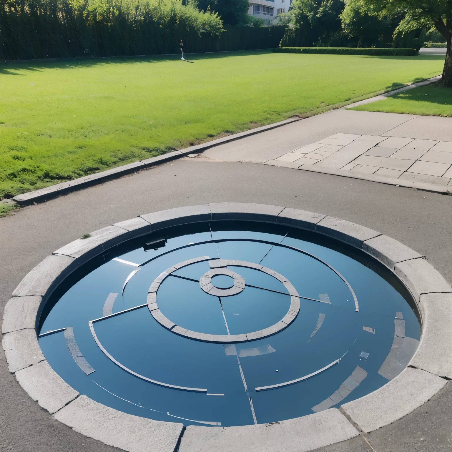 In the field,Two circular mazes,one made of mirror,One is made of cement。Belongs to installation sculpture,public art