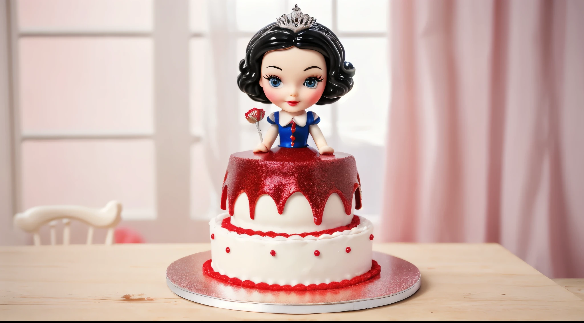 in the toy kitchenette, on a wooden table there is a white plate on which there is a tiny cake, cake skirt princess snow white, white cream cake base, red drips of jam with glitter and glitter flow down from above, shiny red jam dripping down the white cake base, There is a Snow White doll on top of the cake., there are tiny toy kitchen items on the table, beautiful fairytale photo, photograph of a confectionery product, pastry, super ultra realistic food photography, Realistic style, realistic textures, ultra 4k hd, macro photography of food