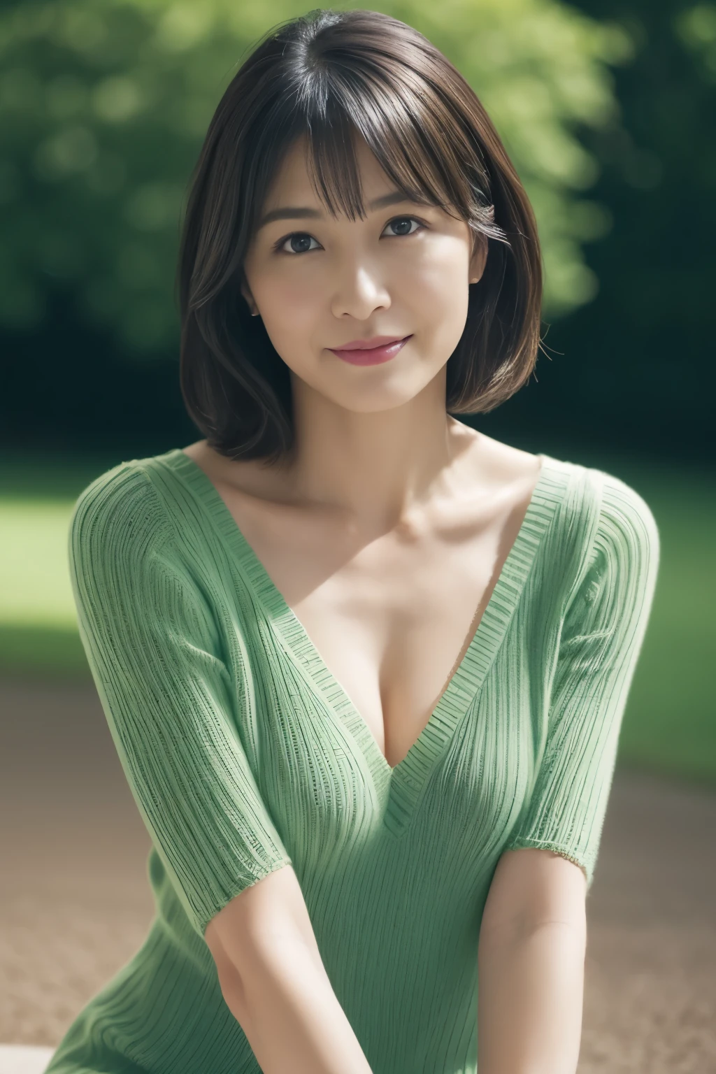 highest quality, masterpiece, High resolution, Photoreal, Raw photo, 8k wallpaper, Flawless, professional lighting, very detailed, Depth of the bounds written, ((one beautiful woman)), 40 years old, sexy woman, ((fancy blue-green knit dress)), Upper body, ((look into the viewer&#39;s eyes)), detailed face, beautiful eyes, ((facing the front)), at the park, bangs, well-shaped chest, cleavage, black straight hair, faint lips, cowboy shot, ((arm between legs))