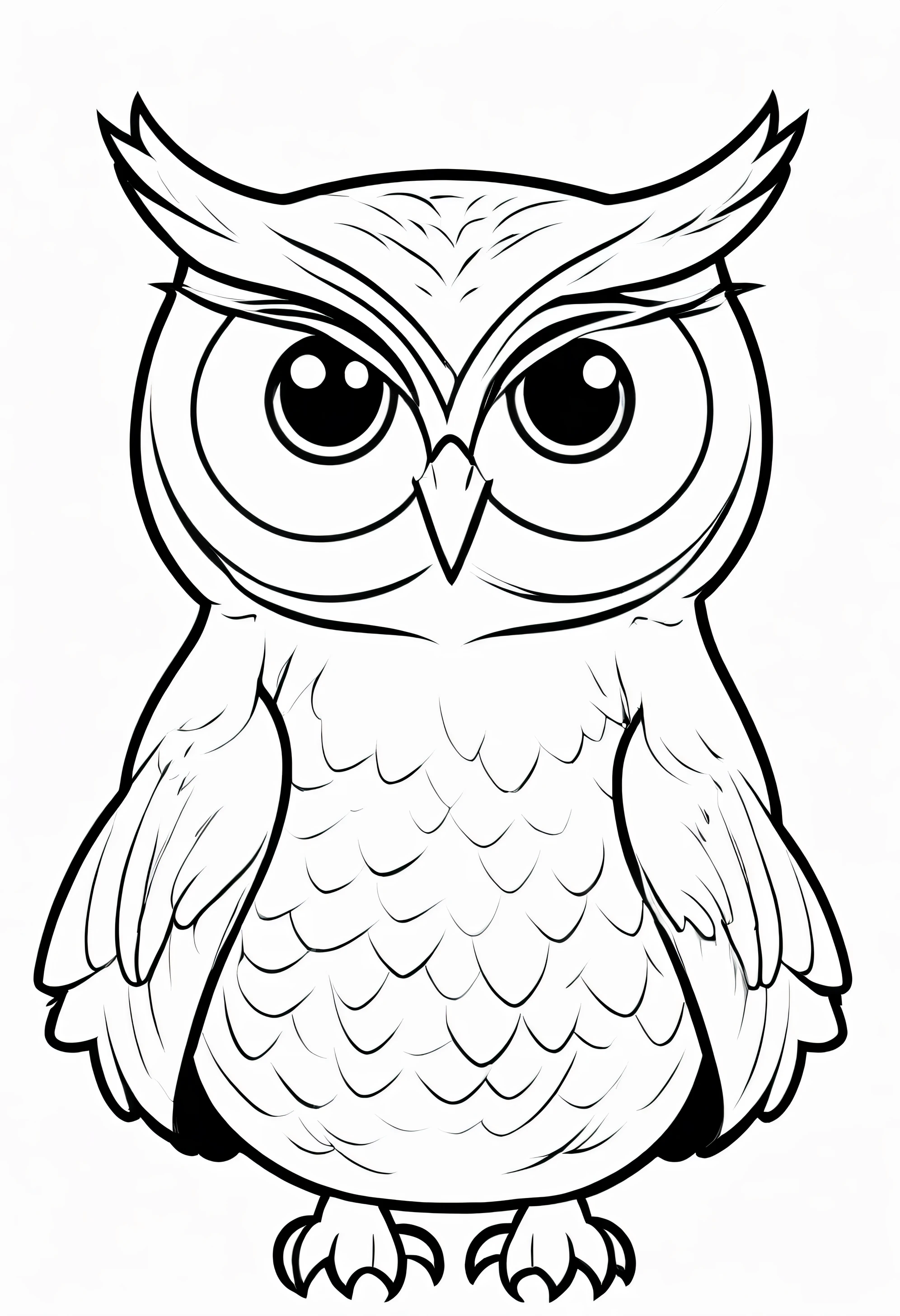 create a friendly Owl character with smiling face, outline art With white, White background, Sketch Style, full body, Only use outline, Cartoon style, Clean and clear and well outlined, Ensure the Owl has smooth And inviting appearance, And keep the design Minimalistic For easy coloring. The goal is To make it appealing And approachable For children 2 to 5the middle of their Artistic journey, Made it black and white