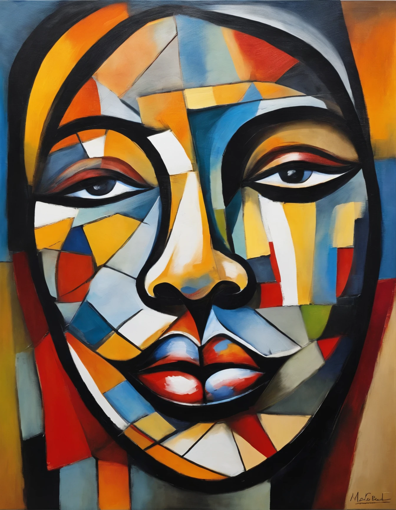 Centered image. Makeup of a faceless African woman, sur fond noir, Visage abstrait, Portrait abstrait, stylized face, Peinture pop art, Very expressive detailed face, expressive female face, Style Picasso, Une peinture pop art, Belle peinture expressive, detailed face of a woman, detailed expression, Style Picasso, Style cubisme