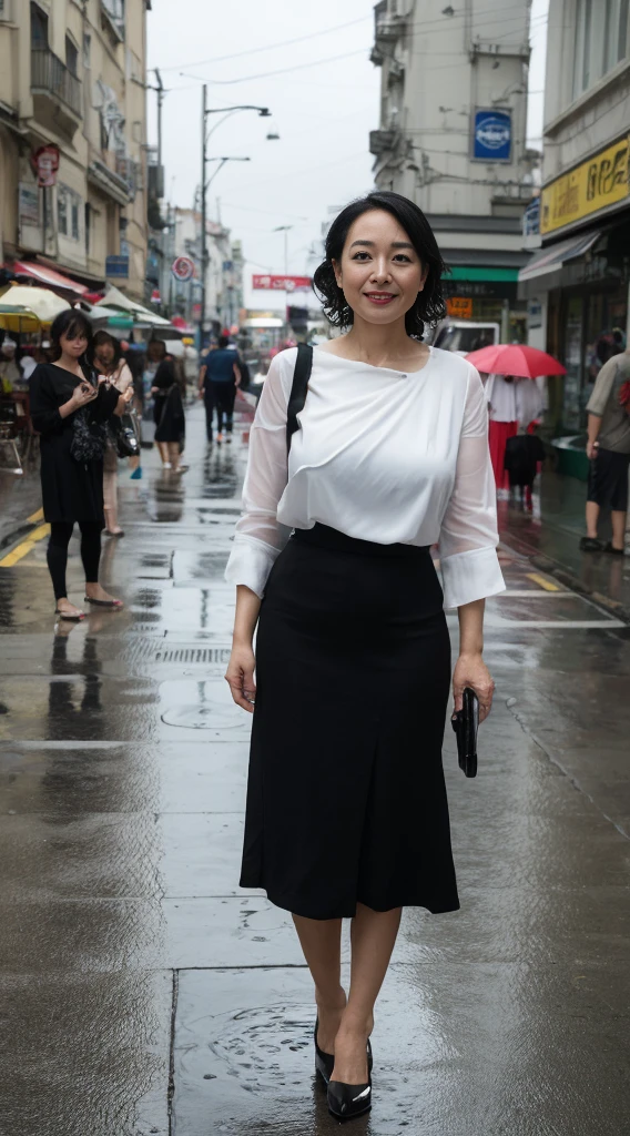 NSFW, ((highest quality, 8k, masterpiece, portrait: 1.3)), (View viewers), photorealism, Getting wet in the rain on a city street corner, sharp focus, alone, Japan's Moro Islamic Liberation Front, beauty,wavy hair, wrinkles around the eyes, to emphasize, ((big breasts:1.3))),,30 years old, curly, wrinkled eyes, (white blouse, standing on one's own feet:1.2), (black long skirt), (high heels), (I don't have an umbrella), ((looking at the viewer)), (Full body soaked), (The black bra is wet and transparent),