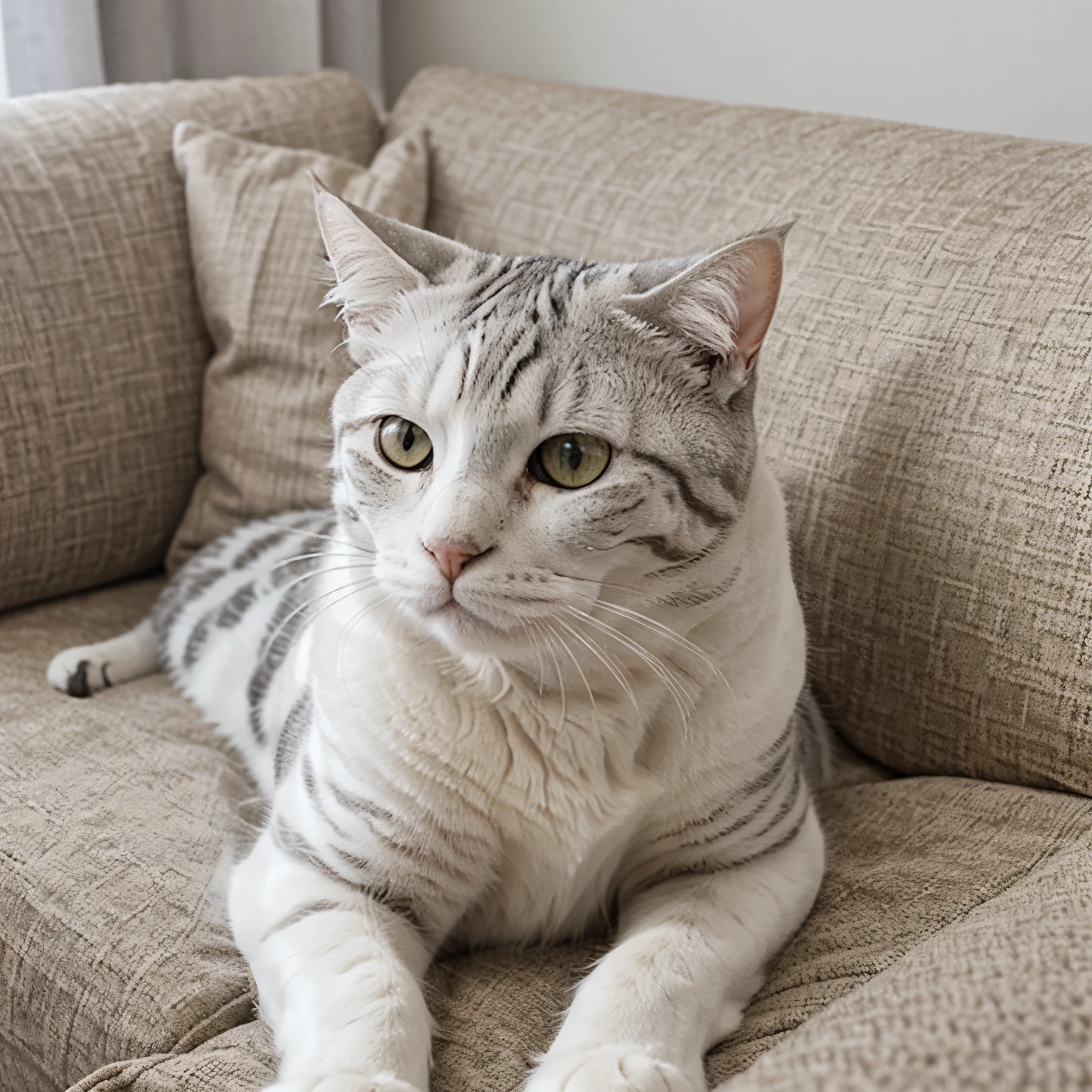 American shorthair, white cat, laying in a gray sofa, meticulously detailed, cute, ultra realistic