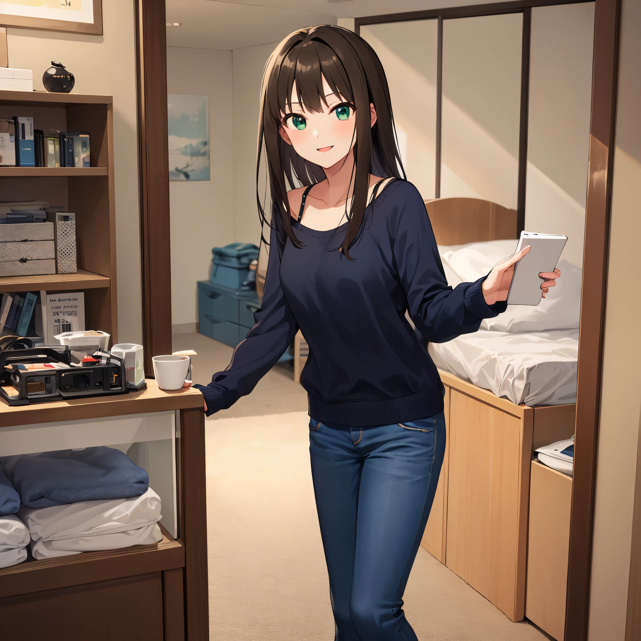 Rin Shibuya、1 girl, mature woman, green eyes、black long hair、casual clothes、blue sweater、long pants、smile gently、bow, highest quality, hire, detailed face, along the coast、 home bedroom、 detailed background, Depth of written boundary, Bokeh