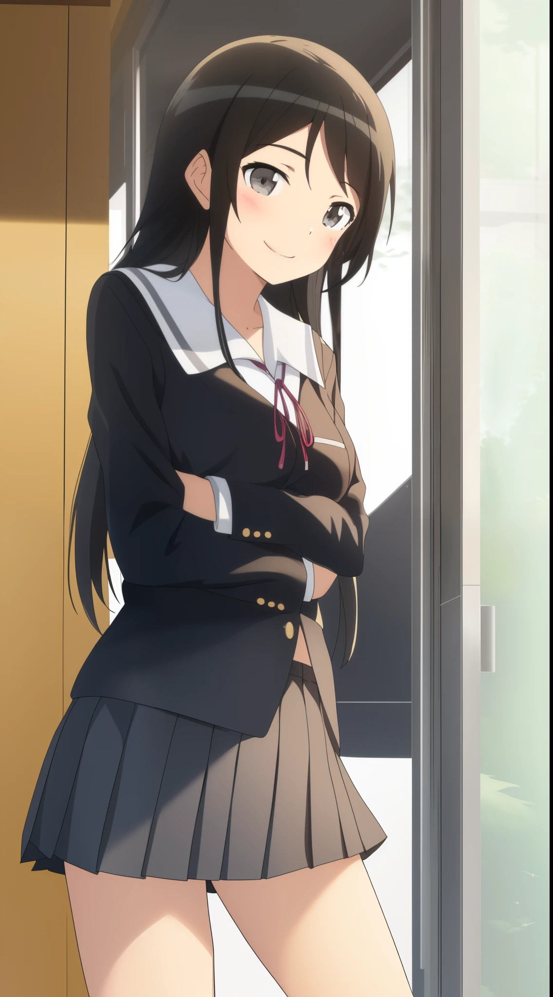 1 Girl, black short Haircurt, black eyes, light skin, cute, beautiful, attractive, sexy, 160cm, , smile, stand pose, Obra maestra, absurdos, animado, medium breast, medium ass, wearing school uniform