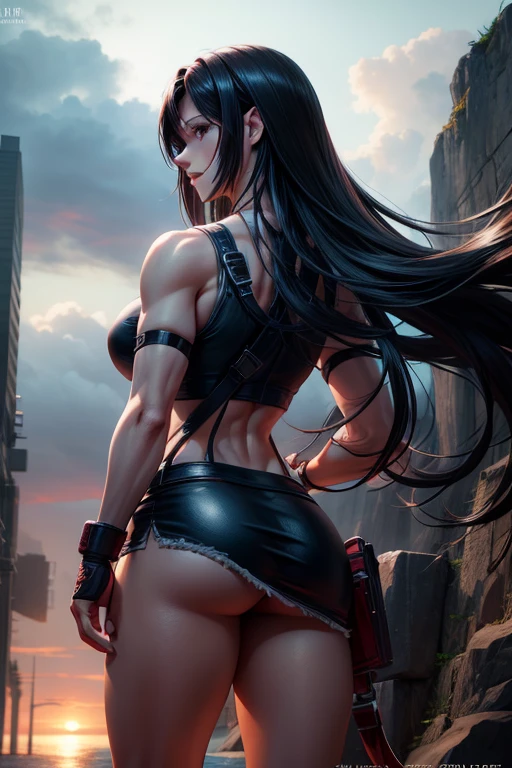 Tifa Lockhart, Best Texture, high quality, Ultra HD, 8K, full length photo, Ultra detailed face, flowing long hair, rising with the wind, Realistic, very detailed, High detail, erotic pose, back view