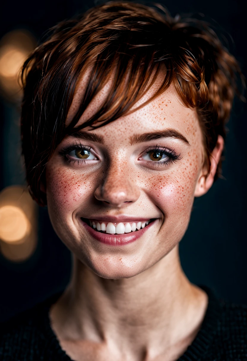 beautiful lady, 18 years old, (little freckles), big smile, ruby eyes, short hair, dark makeup, hyperdetailed photography, soft light, light from the side, head and shoulders portrait, cover, looking to camera,
