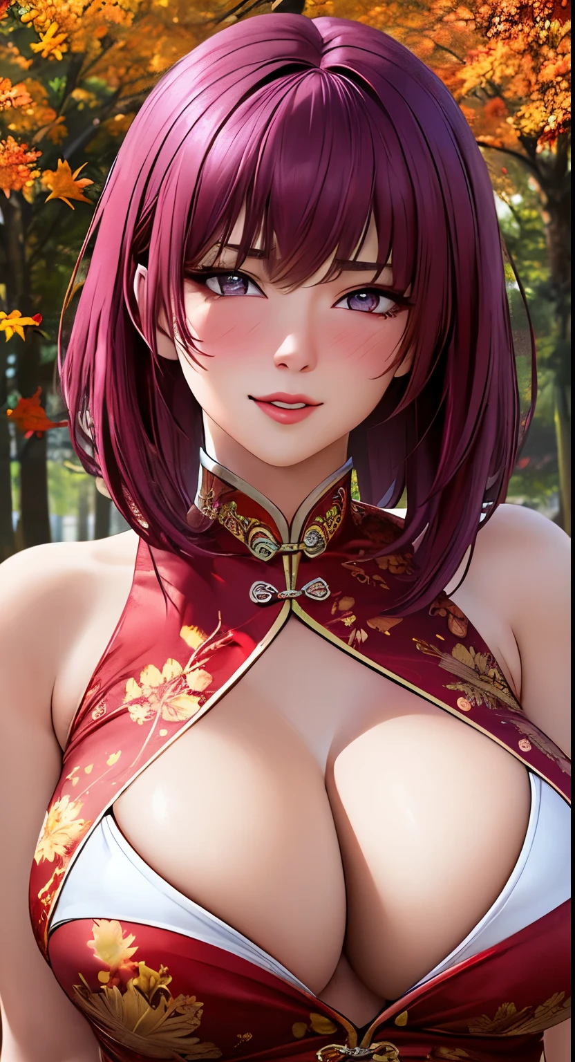 purple eyes, (highest quality, masterpiece絵画:1.3), Oboro, mature woman, 26 years old, (half body shot), masterpiece, ultra high resolution, (Photoreal:1.0), purple hair、straight hair, beautiful shiny hair, white and shining skin, ((Ultra realistic details)), octane rendering, highly detailed face,  (big breasts:0.8),(sexy and cute cheongsam,red and white contrast outfit,delicate decoration:1.2), open neckline, (necklace:1.0),cleavage, perfect body, soft skin, anime face, perfect face, perfect eyes, looking at the viewer, smart, Under autumn leaves tree background, The petals of autumn leaves are falling, outdoors,shrine, sharp focus, intricate details, professional artwork, (bright colors:1.1), bright colors, diffused lighting, digital blending, ultra-definition body, ultra detail hair, super detailed face, It&#39;s trending on pixiv, top button open, Cute gaze, compensate, perfect lips, perfect compensate, Ultra-precision coating, (light_smile:0.8), (Very embarrassed:1.2), blush your nose,