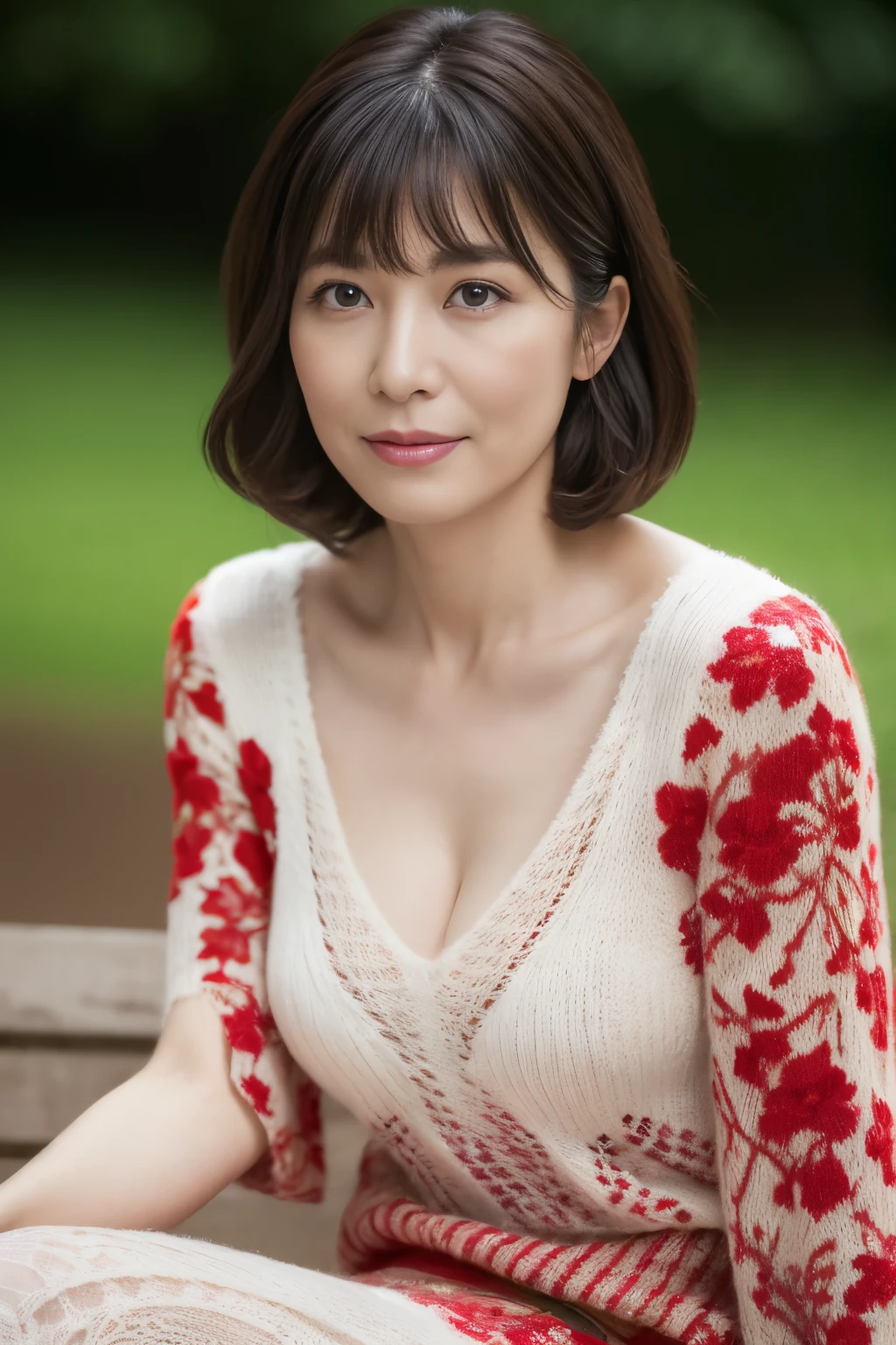 highest quality, masterpiece, High resolution, Photoreal, Raw photo, 8k wallpaper, Flawless, professional lighting, very detailed, Depth of the bounds written, ((one beautiful woman)), 40 years old, sexy woman, ((White and red floral knit dress)), Upper body, ((look into the viewer's eyes)), detailed face, beautiful eyes, ((facing the front)), at the park, bangs, well-shaped chest, cleavage, black straight hair, faint lips, cowboy shot, ((arm between legs))