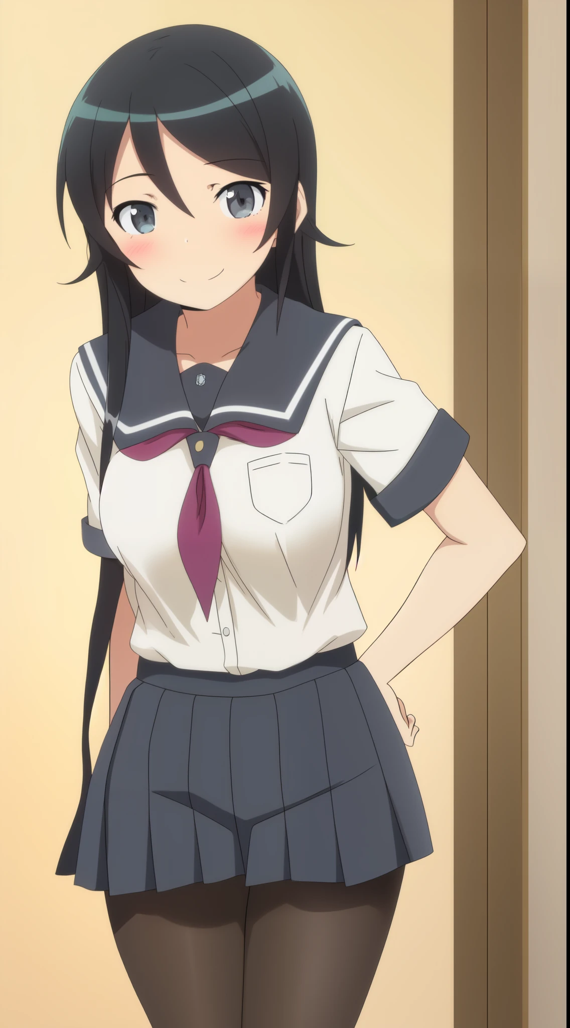 Without skirt、The skirt is flipped up、Without skirt、White underwear、In underwear、Panties in full view、White panties、 1, 1girl, asahina mikuru, long hair, kita high , solo, short sleeves, red ribbon, large breasts, cowboy shot, waving, outdoors, Underwear in full view、
