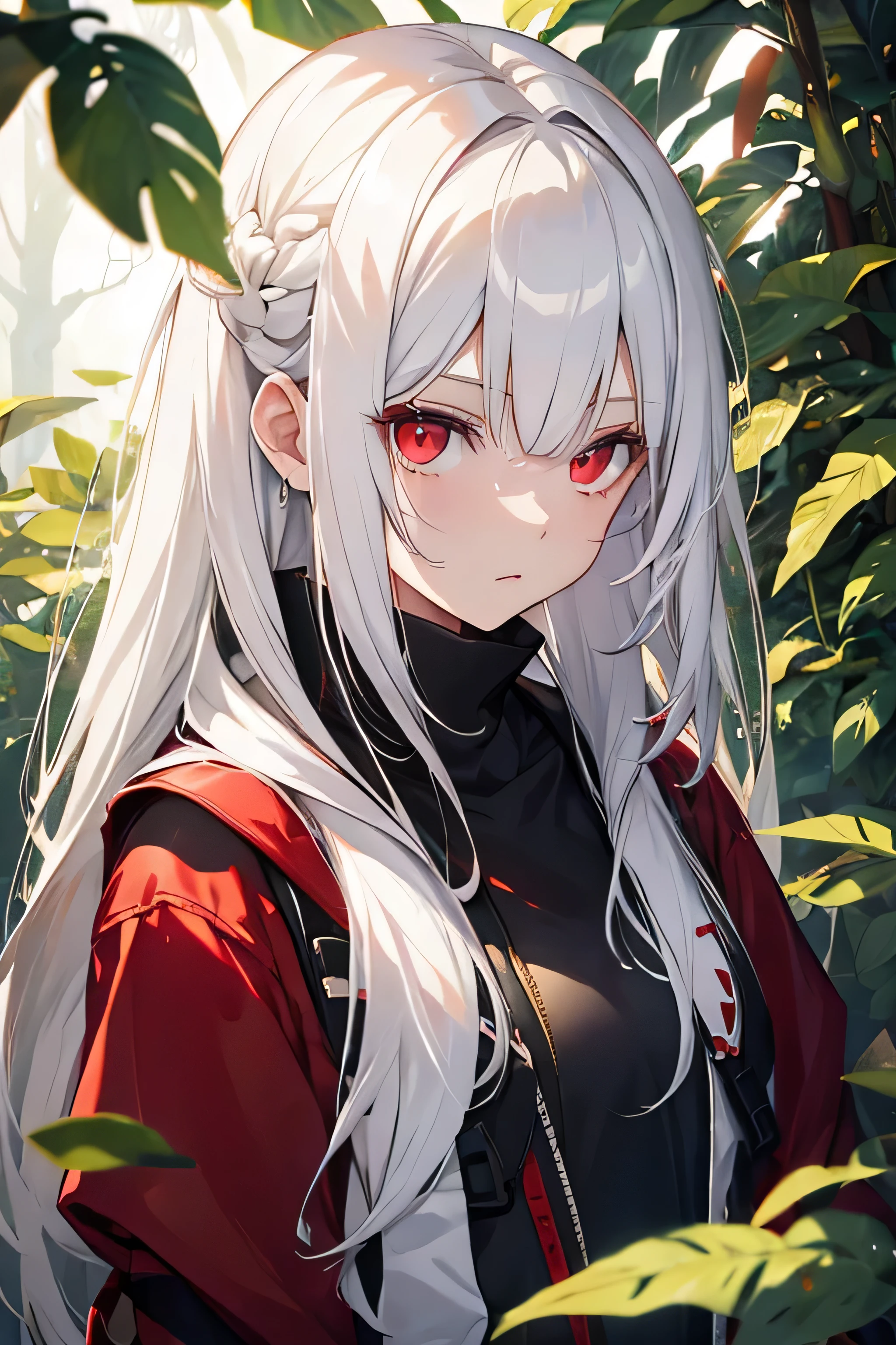 white hair girl and red eyes. with nature background