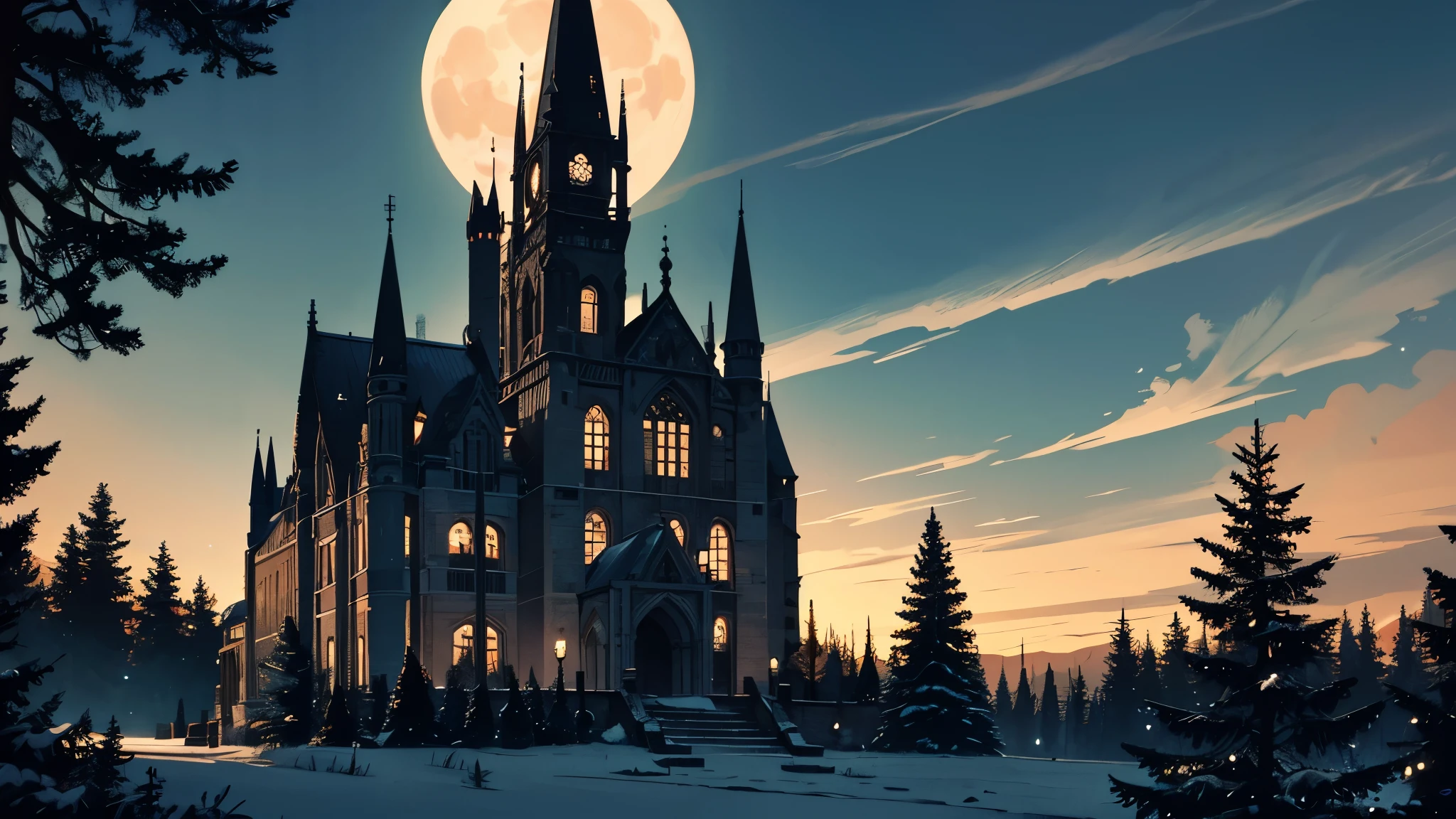 A large beautiful Gothic manor surrounded by conifer trees and red rose bushes accentuated by a large moon hanging in the sky, nearly perfect symmetry, Gothic decor and appearance, dark and moody atmosphere 